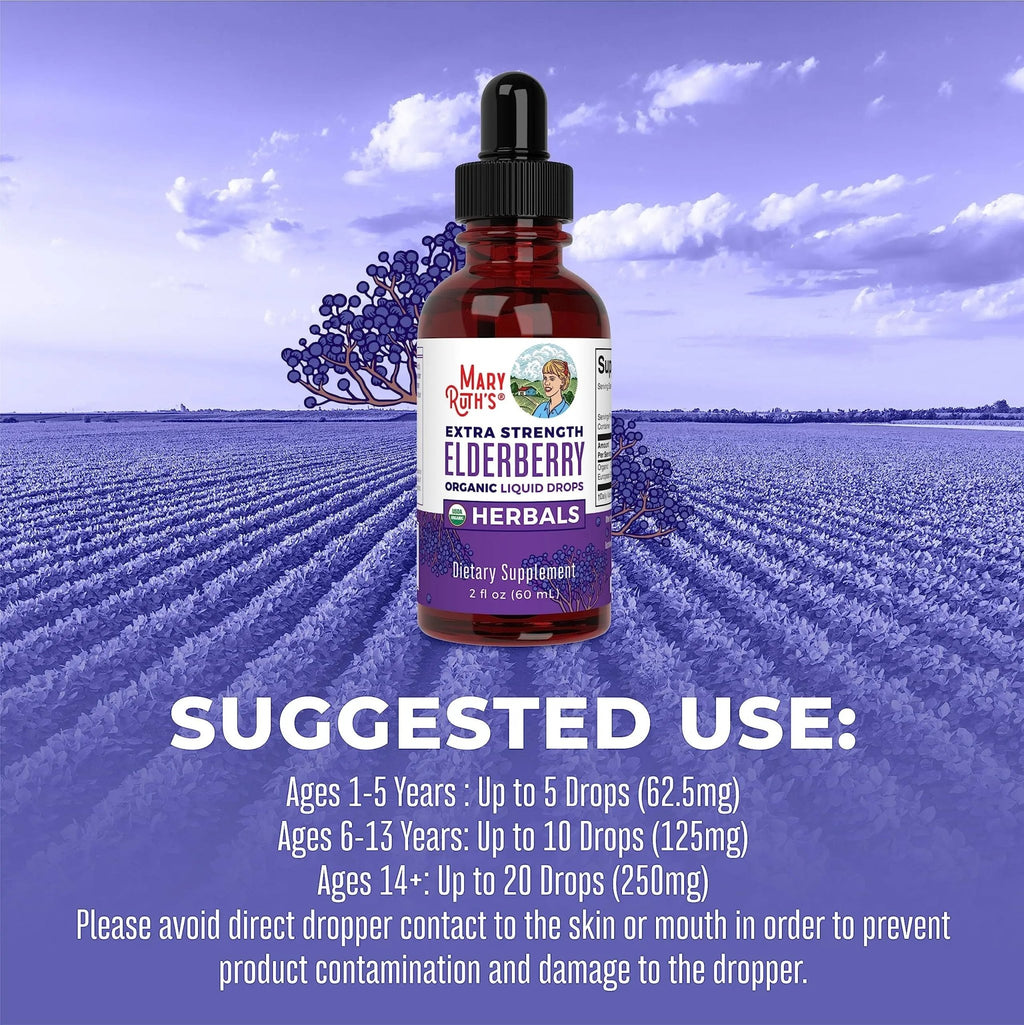 MaryRuth Organics Elderberry Syrup Extra Strength, USDA Organic Elderberry, Sugar Free Adults & Kids Immune Support Supplement for Ages 1+, Clean Label Project Verified®, Vegan, Gluten Free, 2 Fl Oz - TrustMedUSA