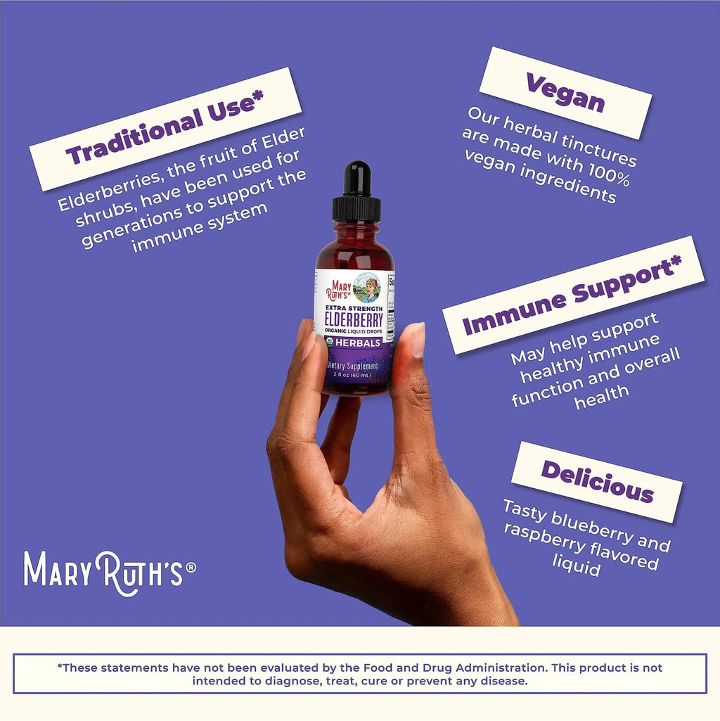 MaryRuth Organics Elderberry Syrup Extra Strength, USDA Organic Elderberry, Sugar Free Adults & Kids Immune Support Supplement for Ages 1+, Clean Label Project Verified®, Vegan, Gluten Free, 2 Fl Oz - TrustMedUSA