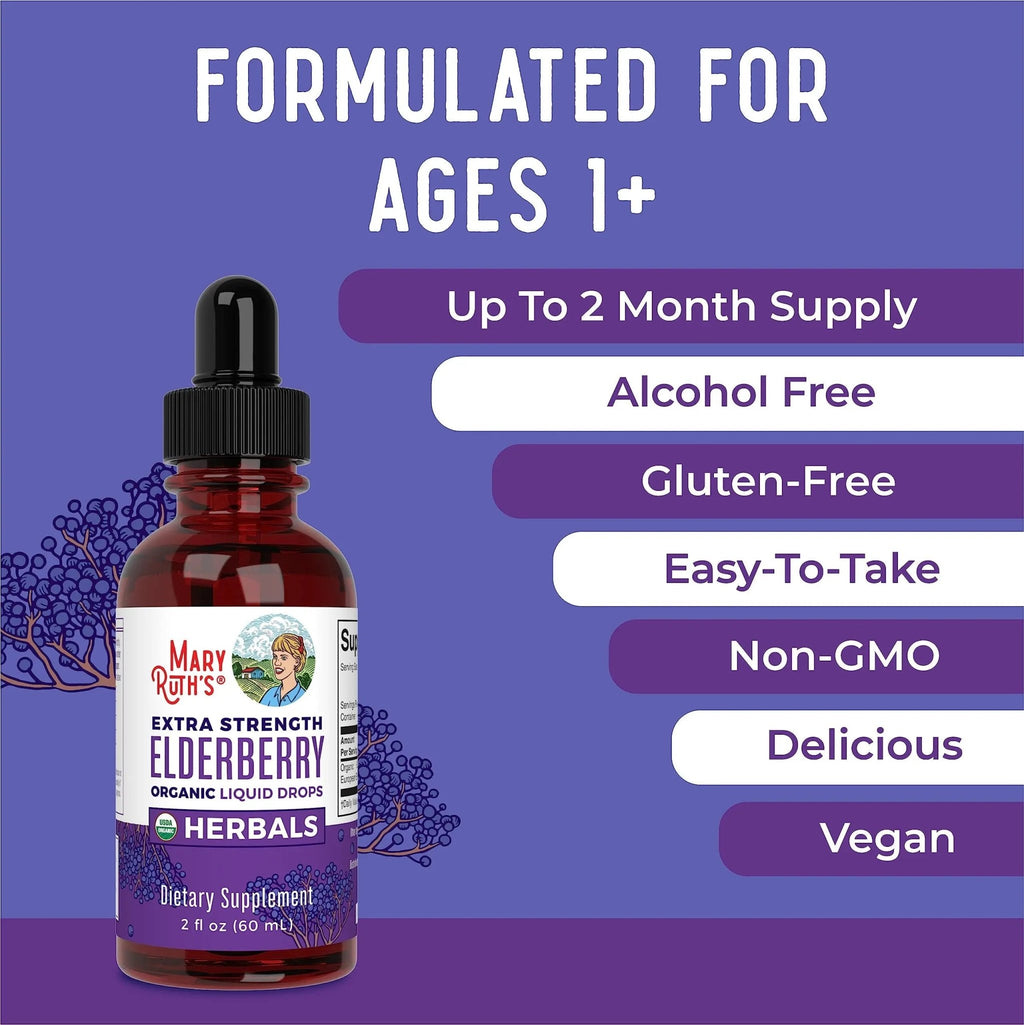MaryRuth Organics Elderberry Syrup Extra Strength, USDA Organic Elderberry, Sugar Free Adults & Kids Immune Support Supplement for Ages 1+, Clean Label Project Verified®, Vegan, Gluten Free, 2 Fl Oz - TrustMedUSA