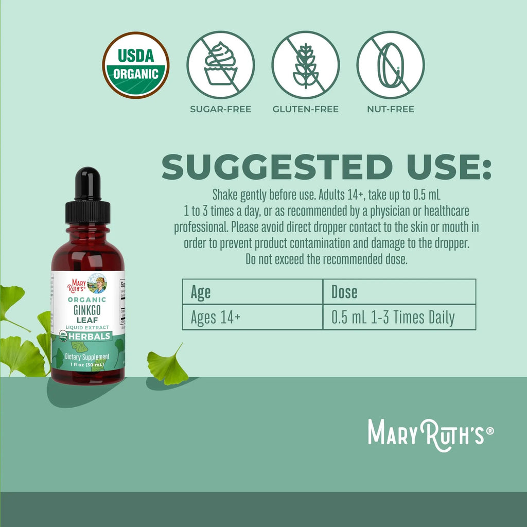 MaryRuth Organics Ginkgo Leaf Liquid Drops | Herbal Supplement | Nootropic | Circulatory System & Nervous System Health | USDA Organic | Non-GMO | Vegan | 60 Servings - TrustMedUSA