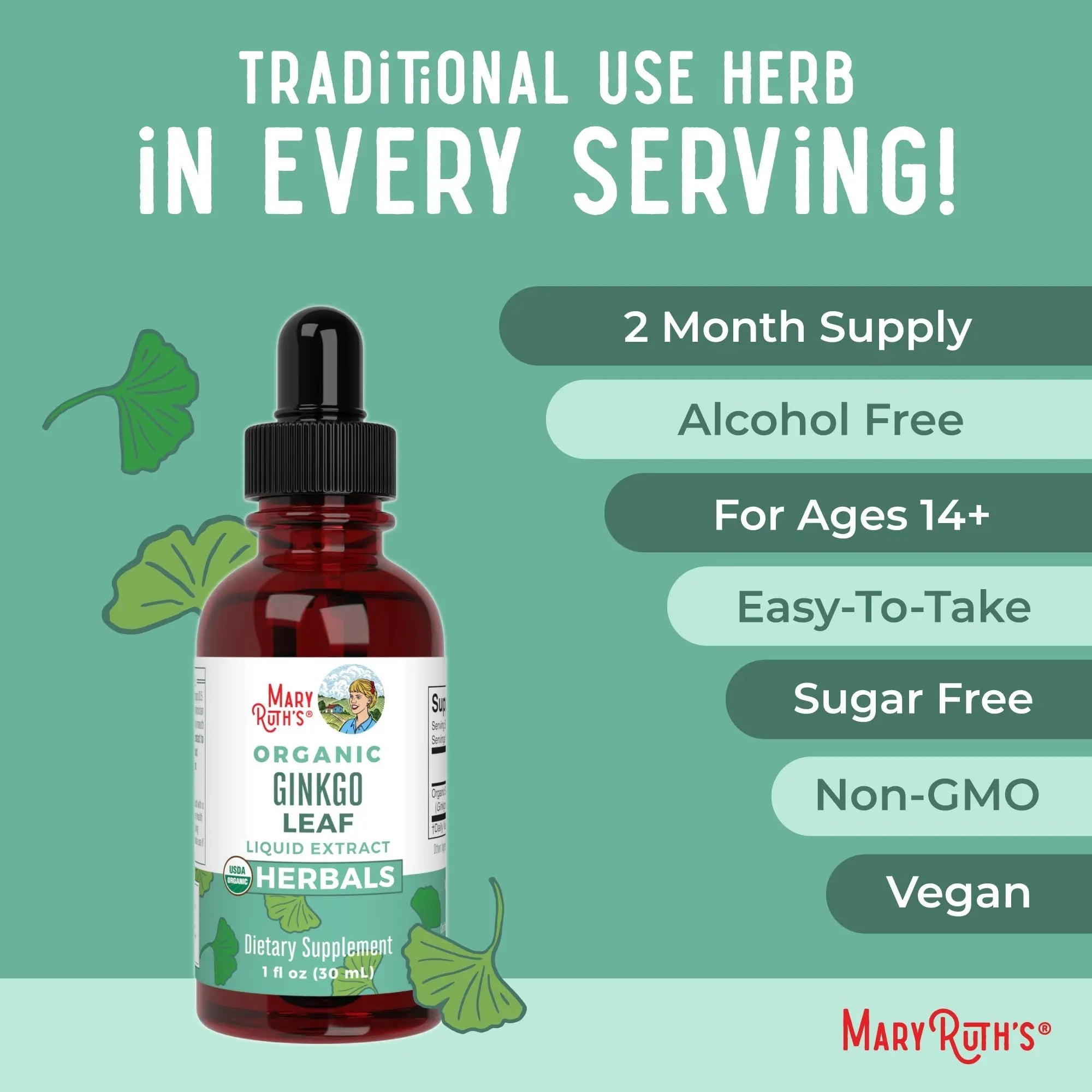 MaryRuth Organics Ginkgo Leaf Liquid Drops | Herbal Supplement | Nootropic | Circulatory System & Nervous System Health | USDA Organic | Non-GMO | Vegan | 60 Servings - TrustMedUSA