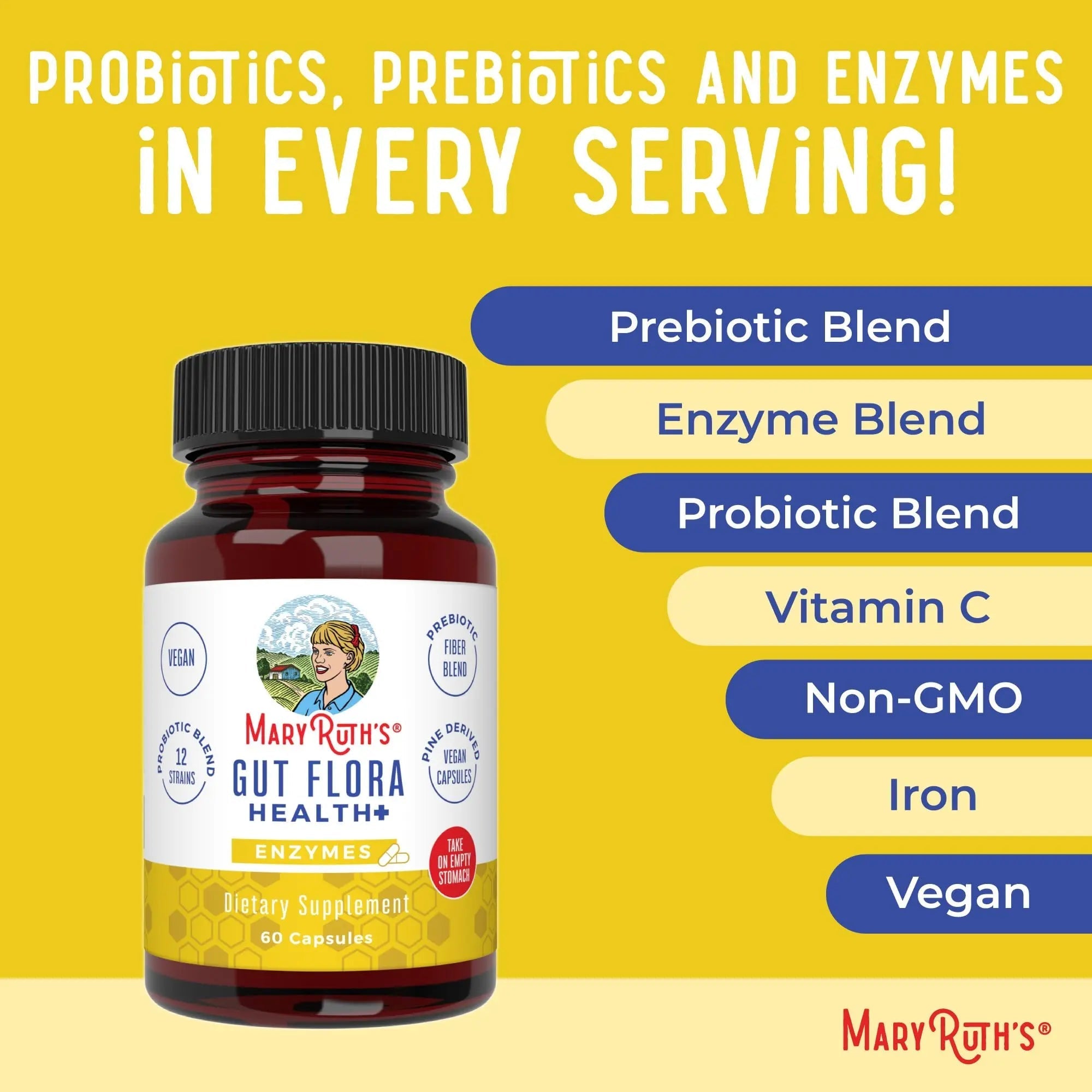 MaryRuth Organics Gut Flora Health+ Enzymes | Up to 2 Month Supply | Prebiotic Probiotic Digestive Enzymes Blend for Healthy Gut Biome & Digestive Support | Gastrointestinal Health | 60 Capsules - TrustMedUSA
