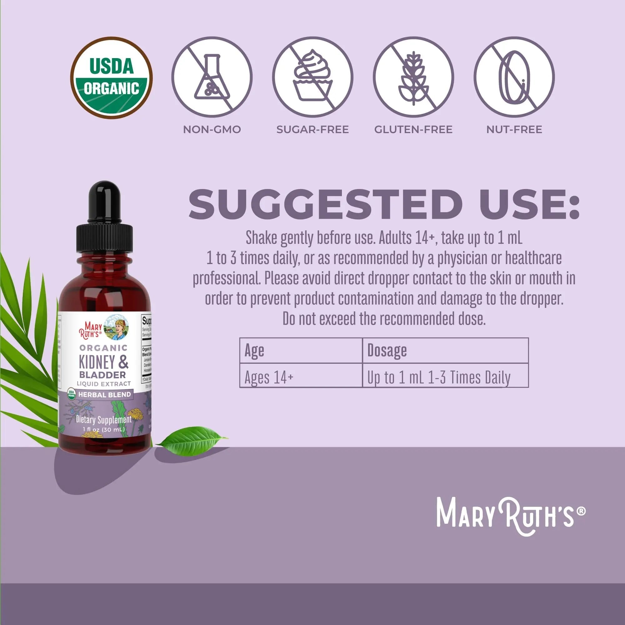 MaryRuth Organics Herbal Supplement Drops | Support Renal & Urinary Systems | Juniper Berry | Cleavers | Dandelion | Hawthorn | Horsetail & Chanca Piedra | Vegan | Non-GMO | 1 Fl Oz - TrustMedUSA