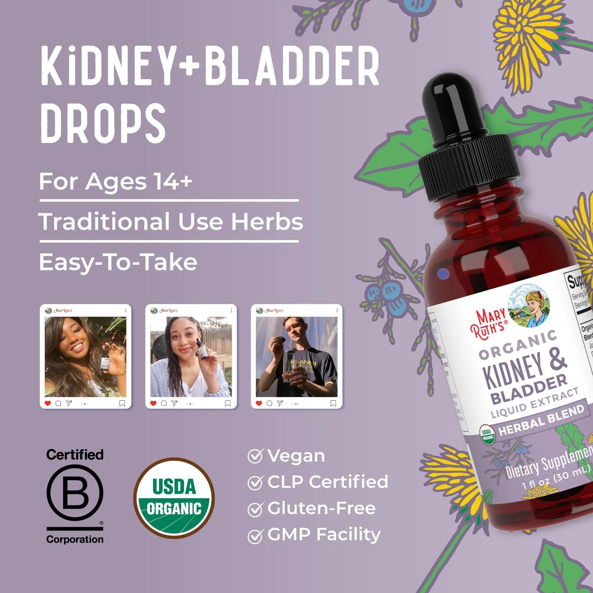 MaryRuth Organics Herbal Supplement Drops | Support Renal & Urinary Systems | Juniper Berry | Cleavers | Dandelion | Hawthorn | Horsetail & Chanca Piedra | Vegan | Non-GMO | 1 Fl Oz - TrustMedUSA