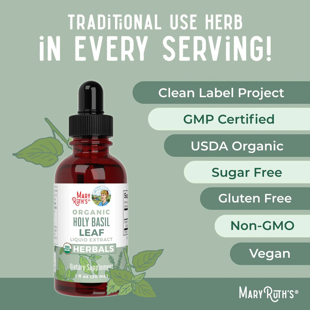 MaryRuth Organics Holy Basil Sugar Free | Tulsi Holy Basil Herbal Liquid Drops | Antioxidant | Cognitive Function | Digestive Support | Energy Levels | Vegan | Non-GMO | 1 Fl Oz - TrustMedUSA