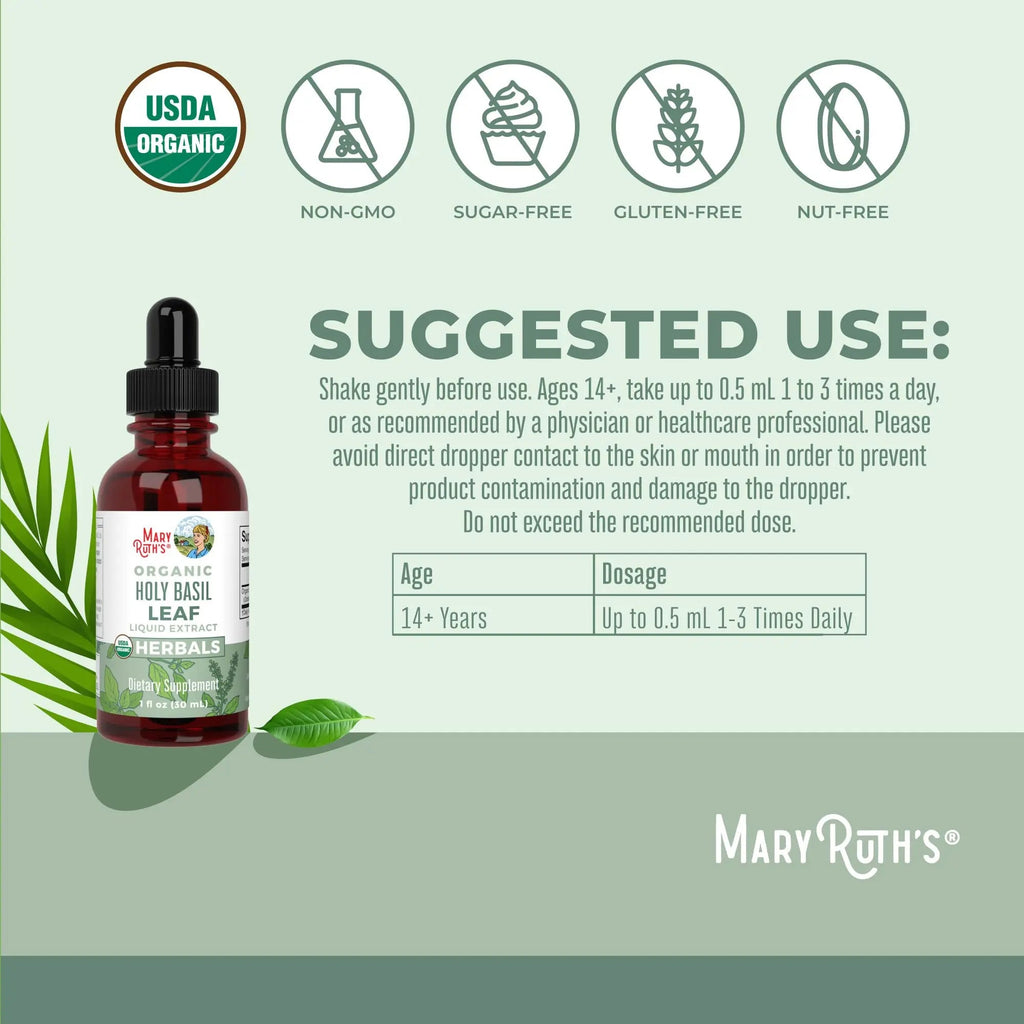 MaryRuth Organics Holy Basil Sugar Free | Tulsi Holy Basil Herbal Liquid Drops | Antioxidant | Cognitive Function | Digestive Support | Energy Levels | Vegan | Non-GMO | 1 Fl Oz - TrustMedUSA