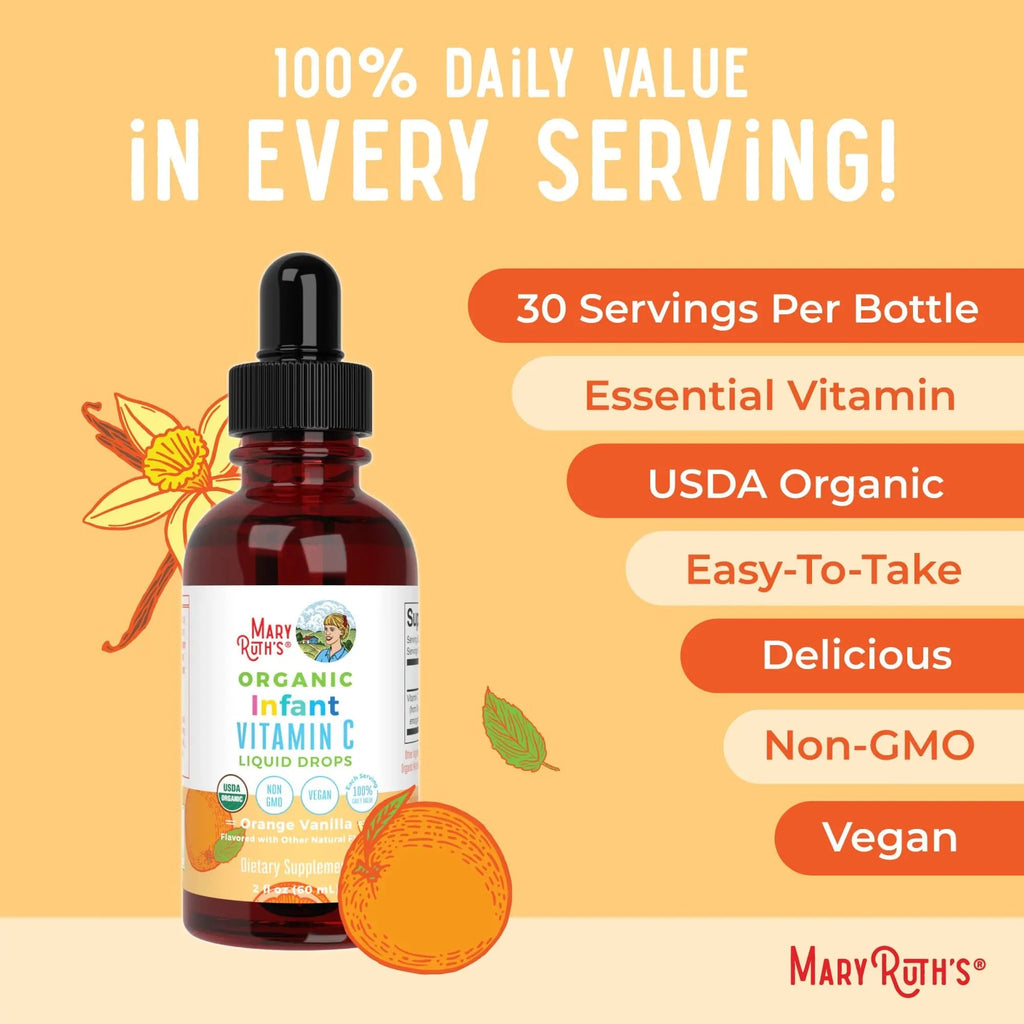 MaryRuth Organics Infant & Baby Vitamin C Supplement | USDA Organic Vitamin C Liquid Drops for Infants | Ages 6-12 Months | Immune Support | Overall Health | Vegan | Non-GMO | Gluten Free | 2 Fl Oz - TrustMedUSA