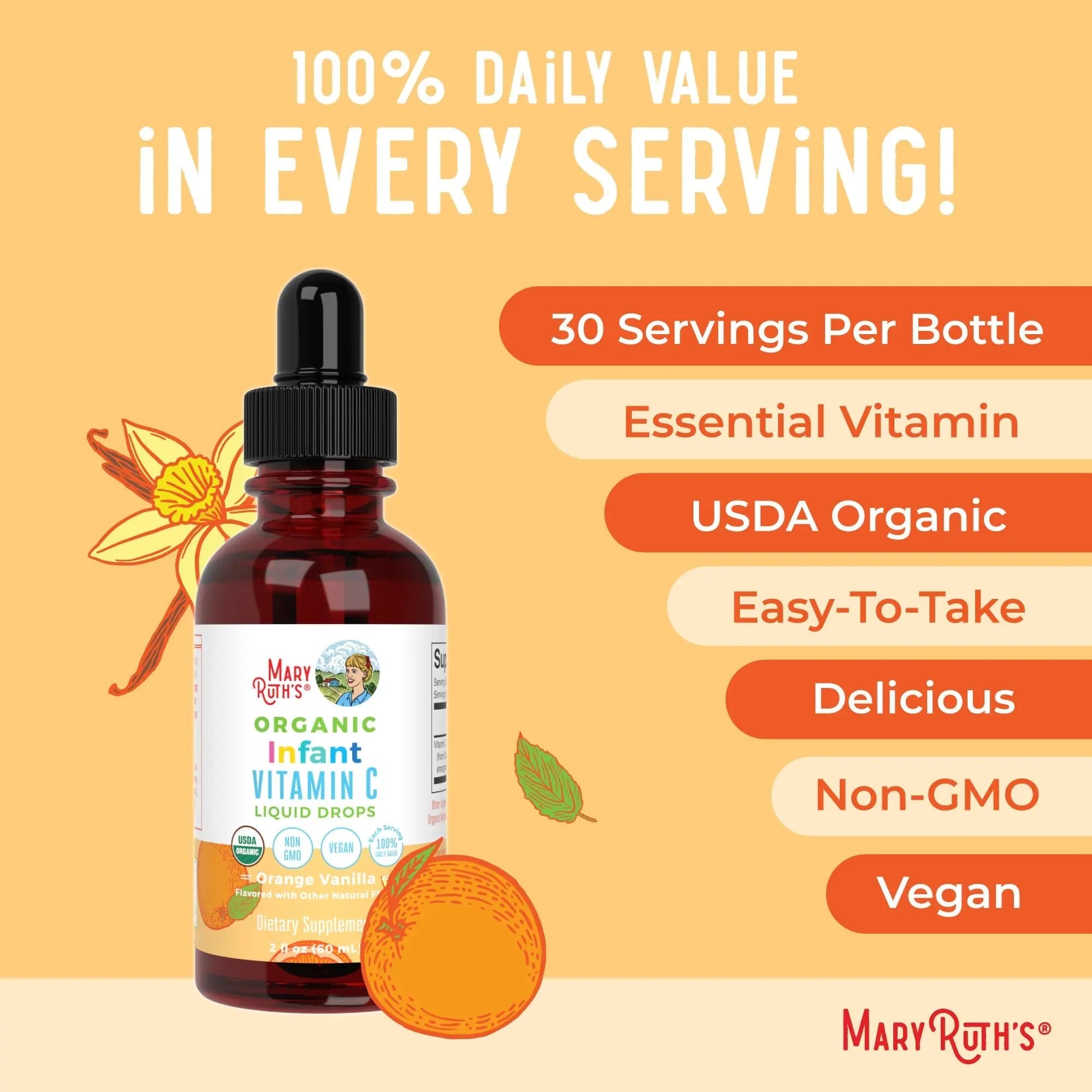MaryRuth Organics Infant & Baby Vitamin C Supplement | USDA Organic Vitamin C Liquid Drops for Infants | Ages 6-12 Months | Immune Support | Overall Health | Vegan | Non-GMO | Gluten Free | 2 Fl Oz - TrustMedUSA