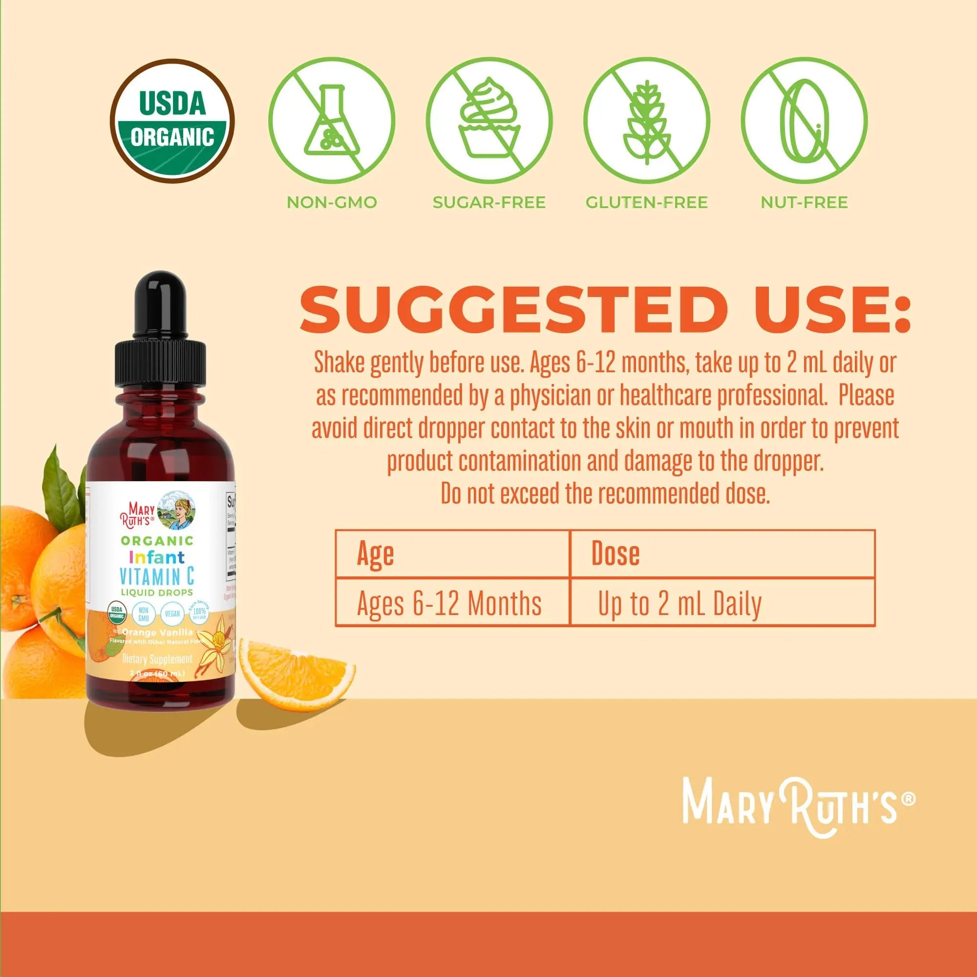 MaryRuth Organics Infant & Baby Vitamin C Supplement | USDA Organic Vitamin C Liquid Drops for Infants | Ages 6-12 Months | Immune Support | Overall Health | Vegan | Non-GMO | Gluten Free | 2 Fl Oz - TrustMedUSA