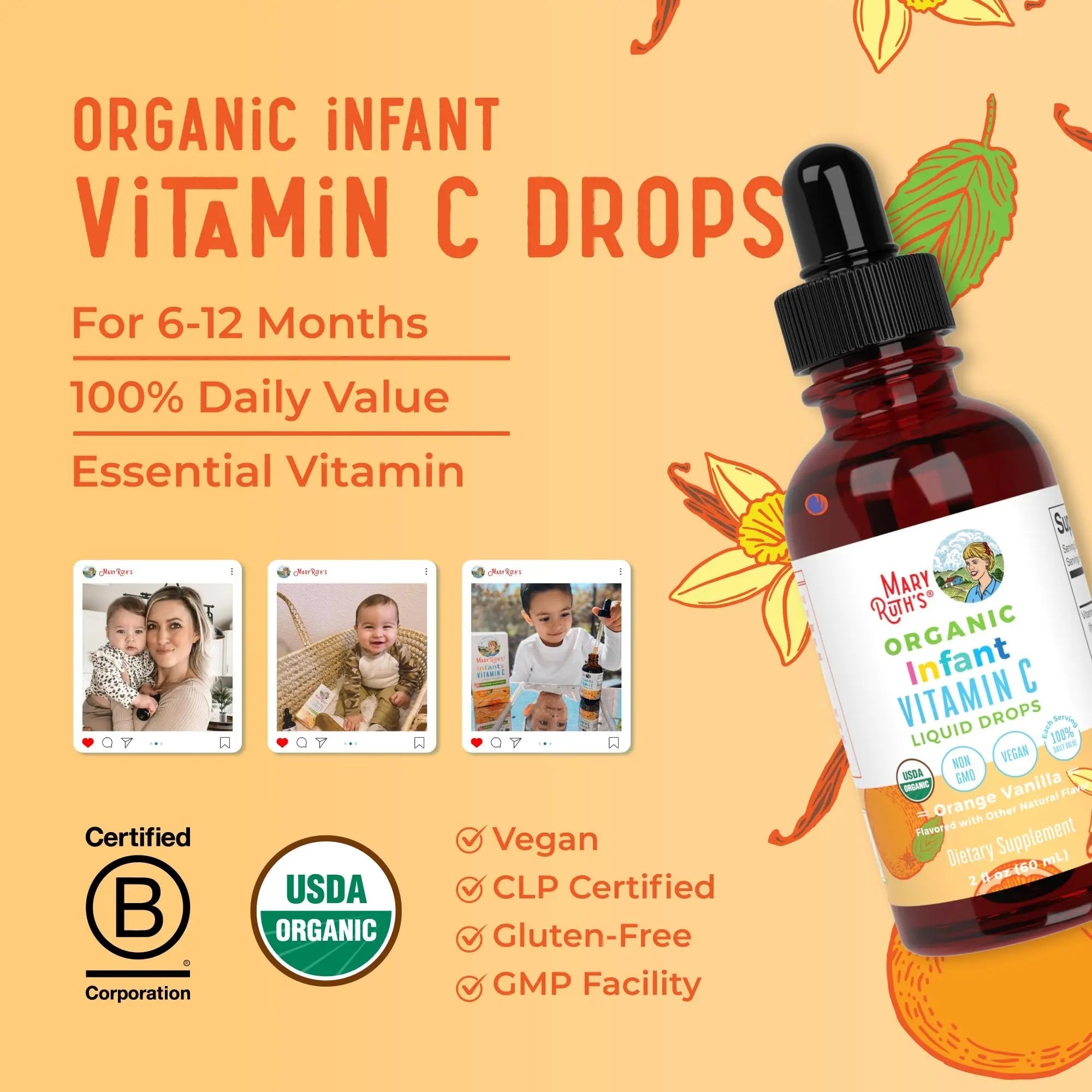 MaryRuth Organics Infant & Baby Vitamin C Supplement | USDA Organic Vitamin C Liquid Drops for Infants | Ages 6-12 Months | Immune Support | Overall Health | Vegan | Non-GMO | Gluten Free | 2 Fl Oz - TrustMedUSA