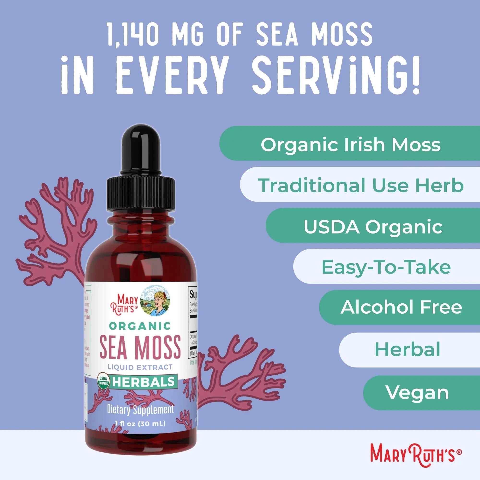 MaryRuth Organics Irish Sea Moss Liquid Drops | Chondrus Crispus | Wild Harvested | Organic Irish Moss Formulated for Adults & Kids Ages 14+ | Unflavored | Sugar Free | Vegan | Non-GMO | 1 Fl Oz - TrustMedUSA