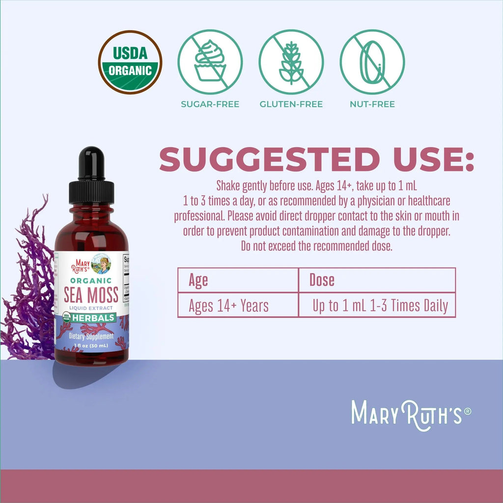 MaryRuth Organics Irish Sea Moss Liquid Drops | Chondrus Crispus | Wild Harvested | Organic Irish Moss Formulated for Adults & Kids Ages 14+ | Unflavored | Sugar Free | Vegan | Non-GMO | 1 Fl Oz - TrustMedUSA