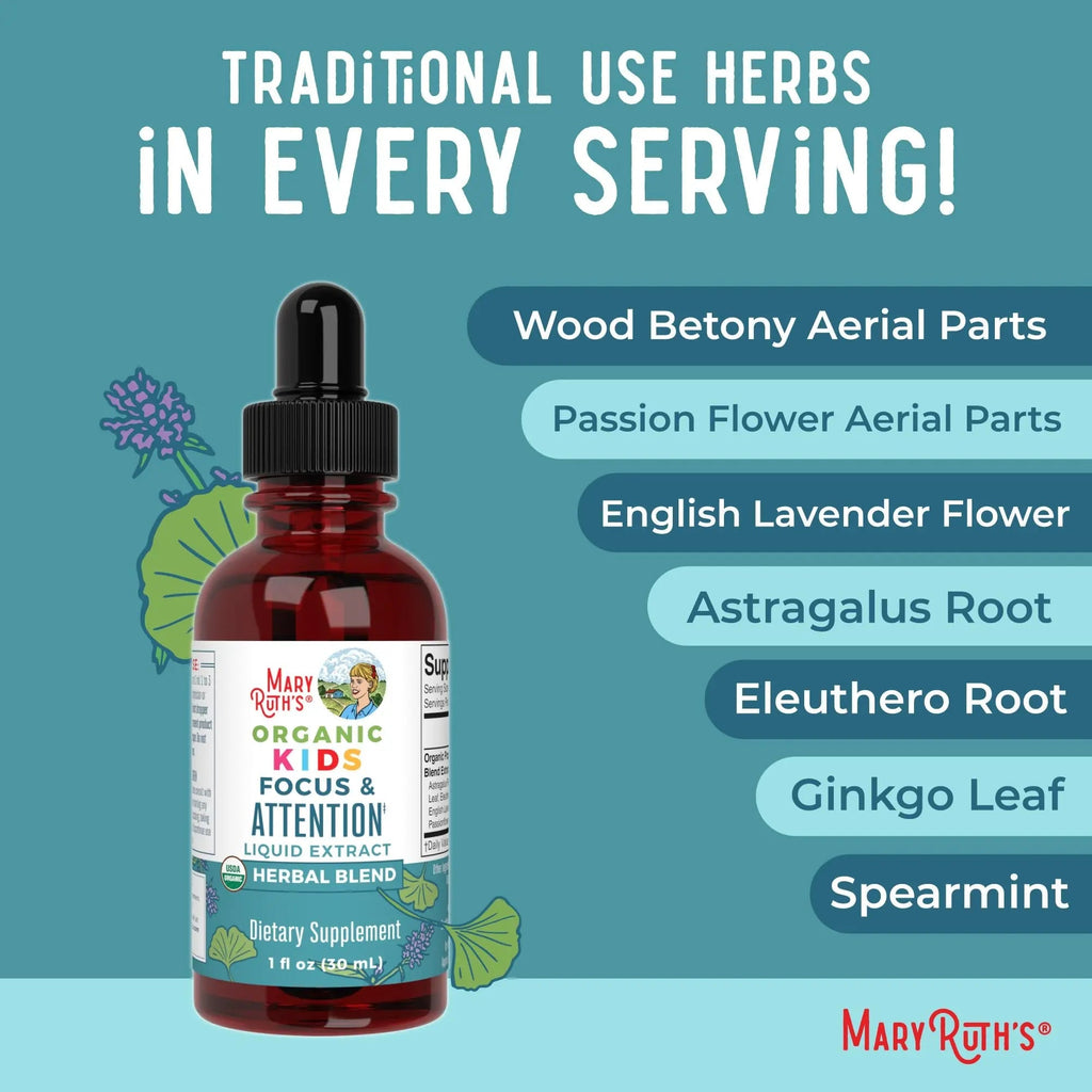 MaryRuth Organics Kids Focus & Attention Drops | USDA Organic Drops | Ginkgo Biloba | Rhodiola Root & Licorice Root | Adaptogenic | Calm | Vegan | Non-GMO | Gluten Free | 30 Servings - TrustMedUSA