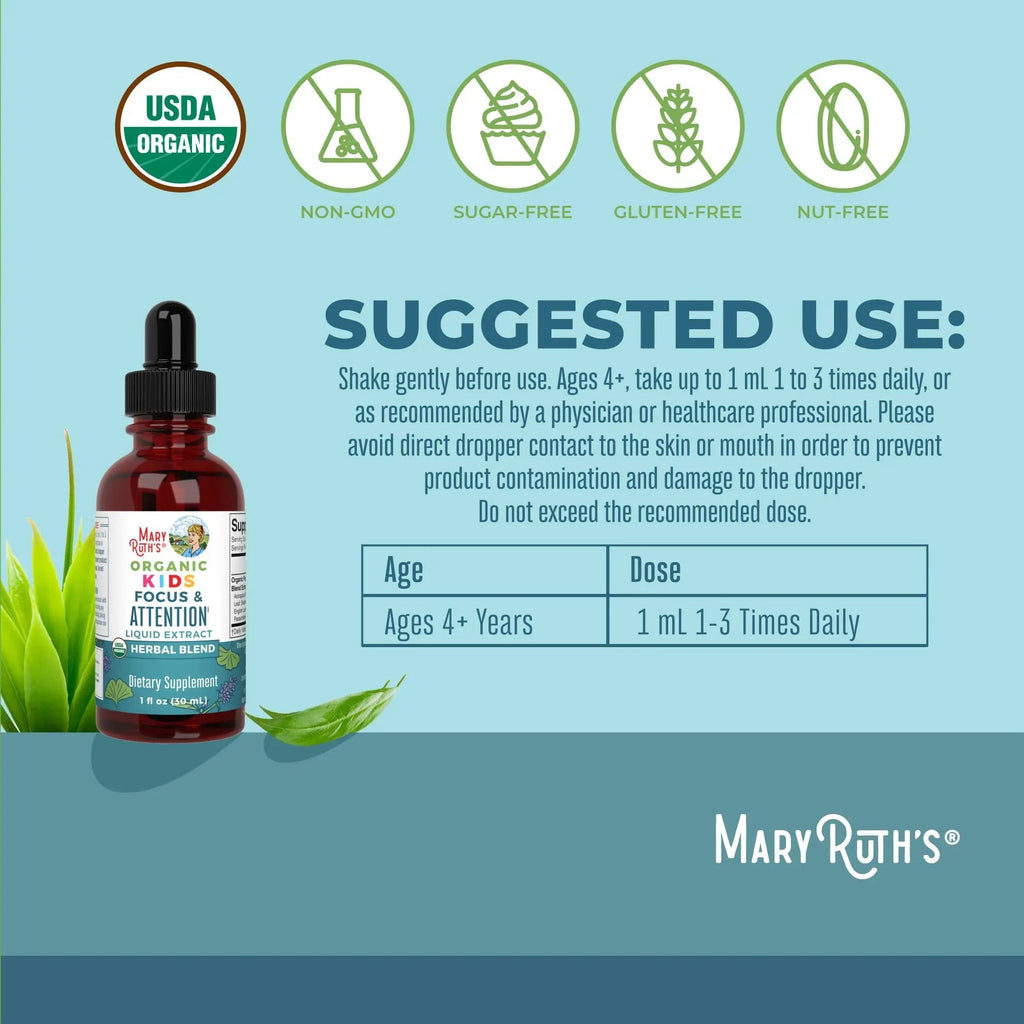 MaryRuth Organics Kids Focus & Attention Drops | USDA Organic Drops | Ginkgo Biloba | Rhodiola Root & Licorice Root | Adaptogenic | Calm | Vegan | Non-GMO | Gluten Free | 30 Servings - TrustMedUSA