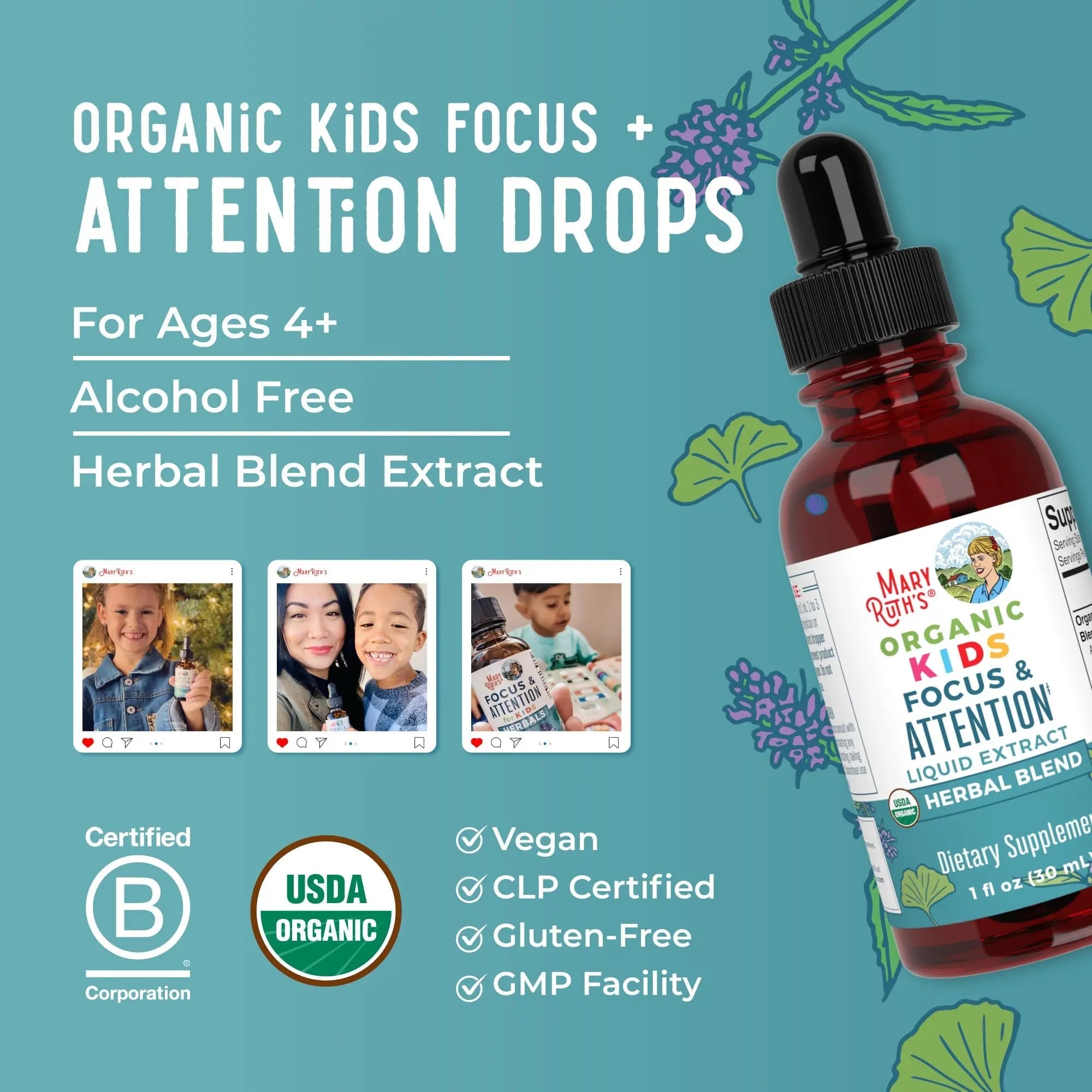 MaryRuth Organics Kids Focus & Attention Drops | USDA Organic Drops | Ginkgo Biloba | Rhodiola Root & Licorice Root | Adaptogenic | Calm | Vegan | Non-GMO | Gluten Free | 30 Servings - TrustMedUSA
