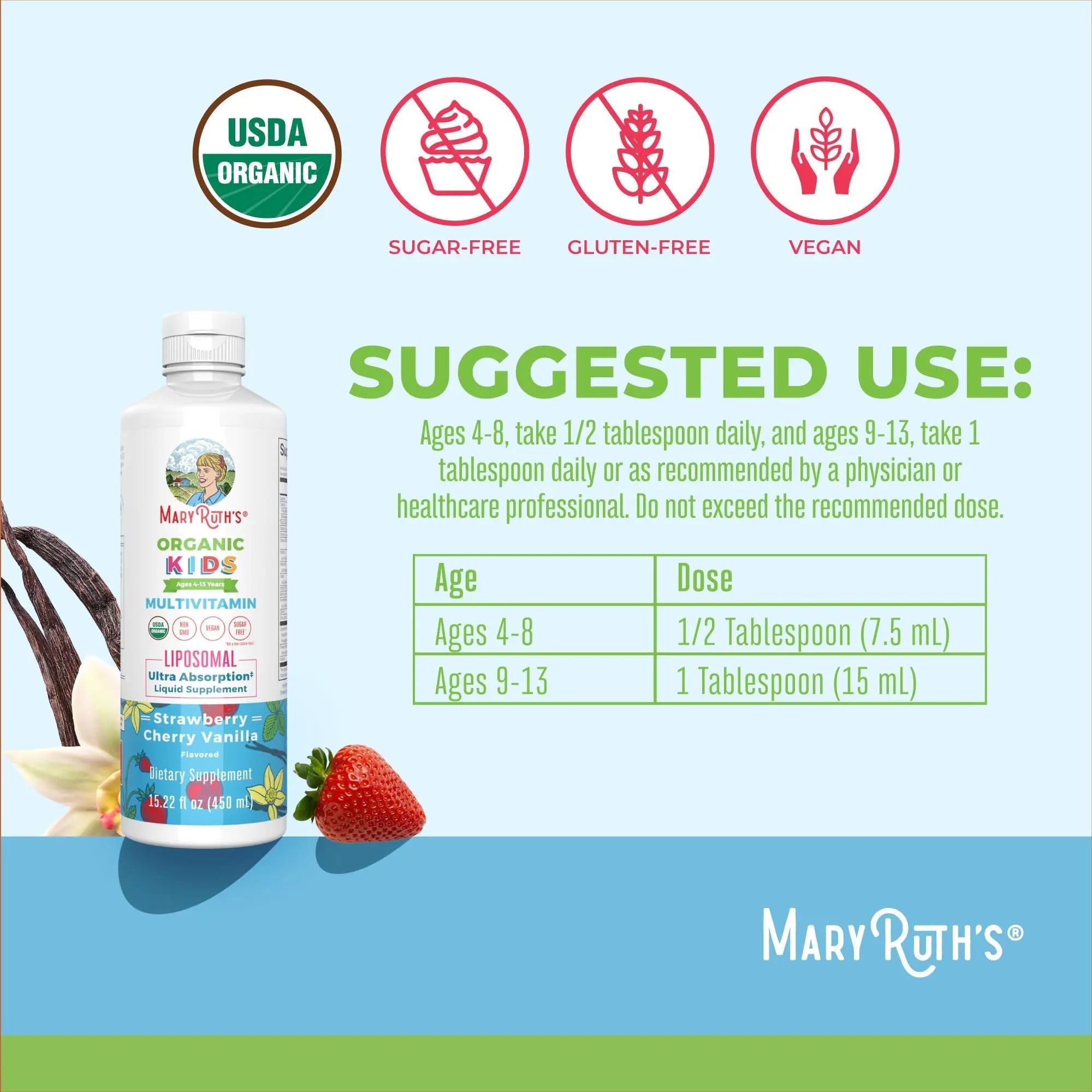MaryRuth Organics Kids Multivitamin Liposomal | Vegan, Sugar-Free Vitamins for Kids | Ages 4+ | 2 Month Supply | 15.22 Fl Oz - TrustMedUSA