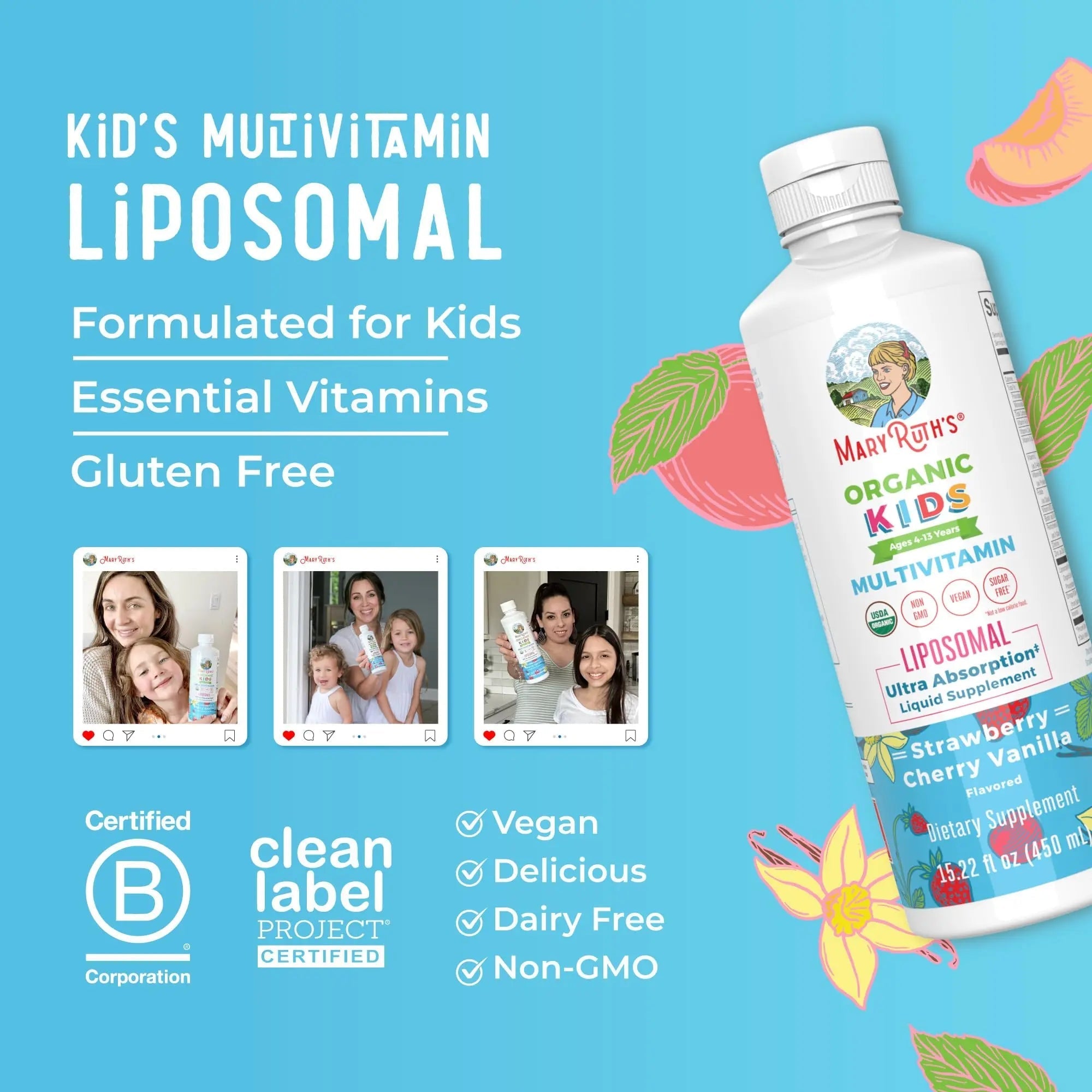 MaryRuth Organics Kids Multivitamin Liposomal | Vegan, Sugar-Free Vitamins for Kids | Ages 4+ | 2 Month Supply | 15.22 Fl Oz - TrustMedUSA