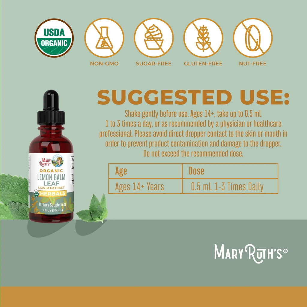 MaryRuth Organics Lemon Balm Leaf Liquid Extract | Mood Support | Relaxation | Calming | Nervine Herbal | Lemon Balm Tincture | USDA Organic | Vegan | Non-GMO | Gluten Free | 1 Fl Oz - TrustMedUSA