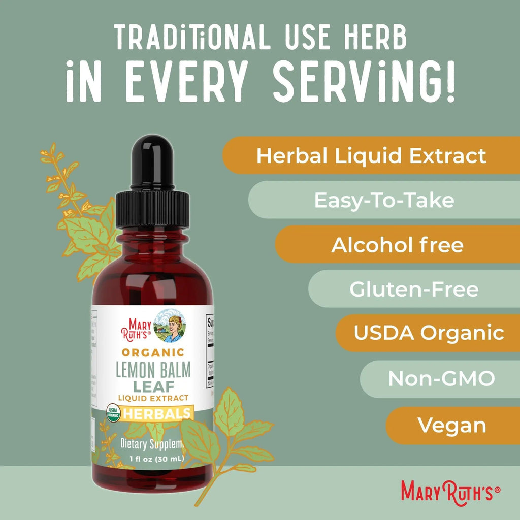 MaryRuth Organics Lemon Balm Leaf Liquid Extract | Mood Support | Relaxation | Calming | Nervine Herbal | Lemon Balm Tincture | USDA Organic | Vegan | Non-GMO | Gluten Free | 1 Fl Oz - TrustMedUSA