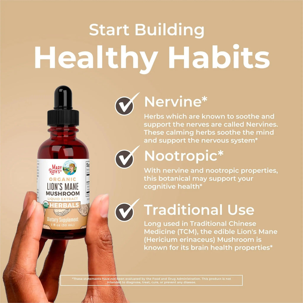 MaryRuth Organics Lions Mane Mushroom Supplement, Up to 1 Month Supply, Nootropic USDA Organic Lions Mane Extract Nervine Herbal Liquid Drops, Brain Health Non-GMO - TrustMedUSA