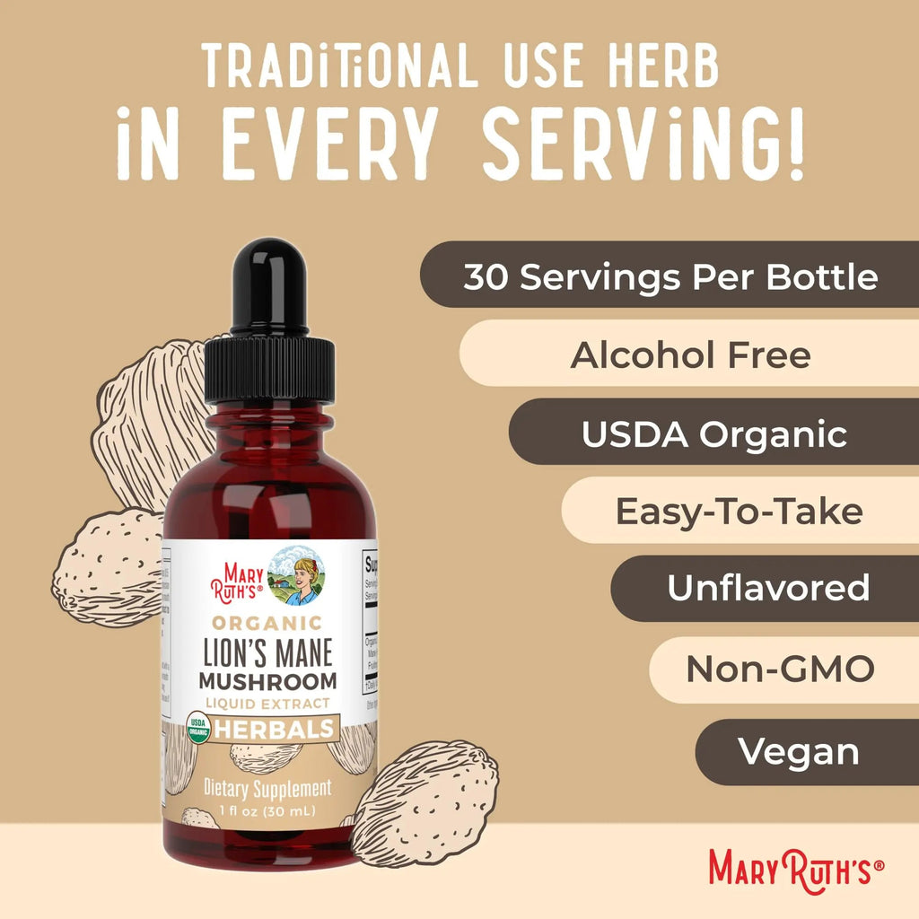 MaryRuth Organics Lions Mane Mushroom Supplement, Up to 1 Month Supply, Nootropic USDA Organic Lions Mane Extract Nervine Herbal Liquid Drops, Brain Health Non-GMO - TrustMedUSA