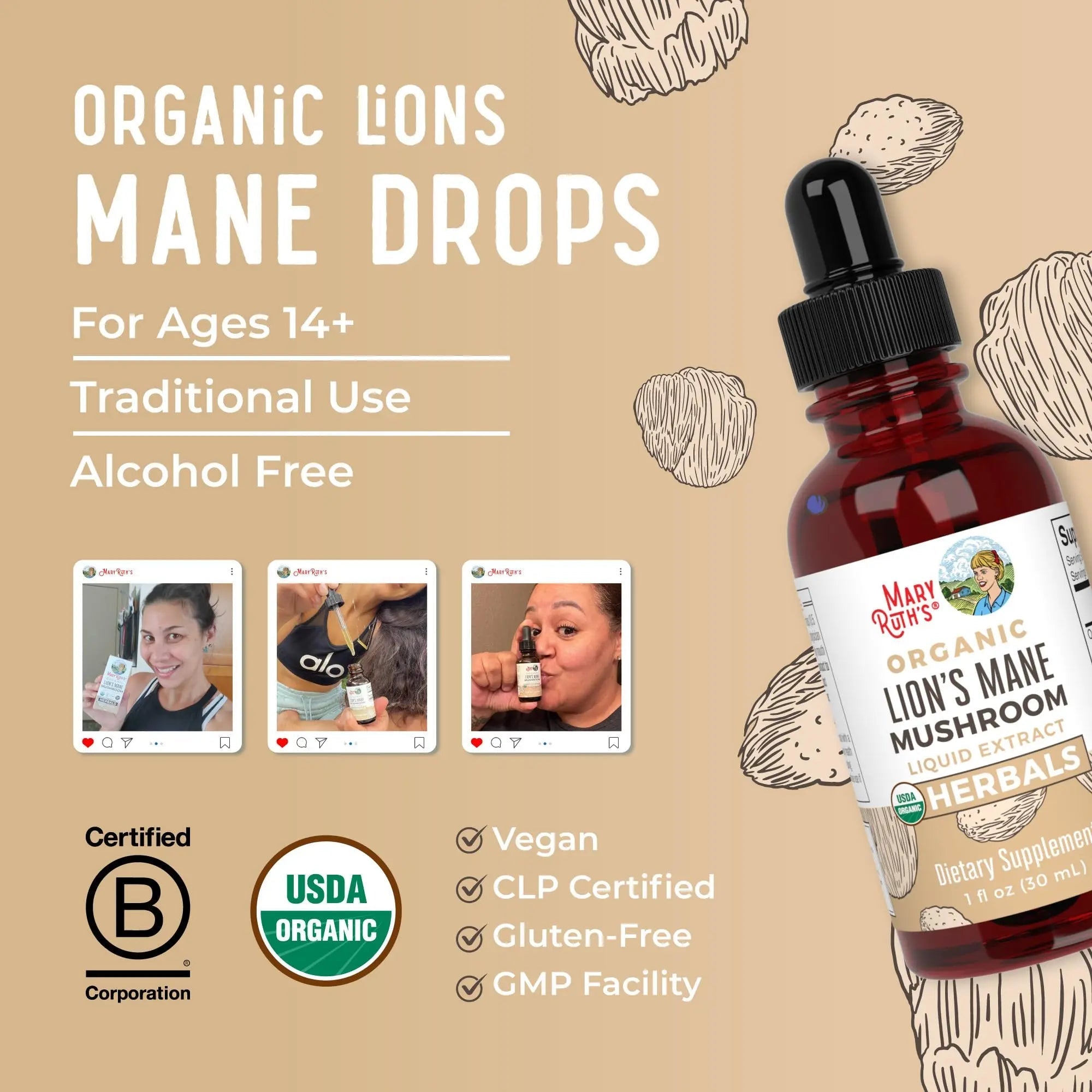 MaryRuth Organics Lions Mane Mushroom Supplement, Up to 1 Month Supply, Nootropic USDA Organic Lions Mane Extract Nervine Herbal Liquid Drops, Brain Health Non-GMO - TrustMedUSA