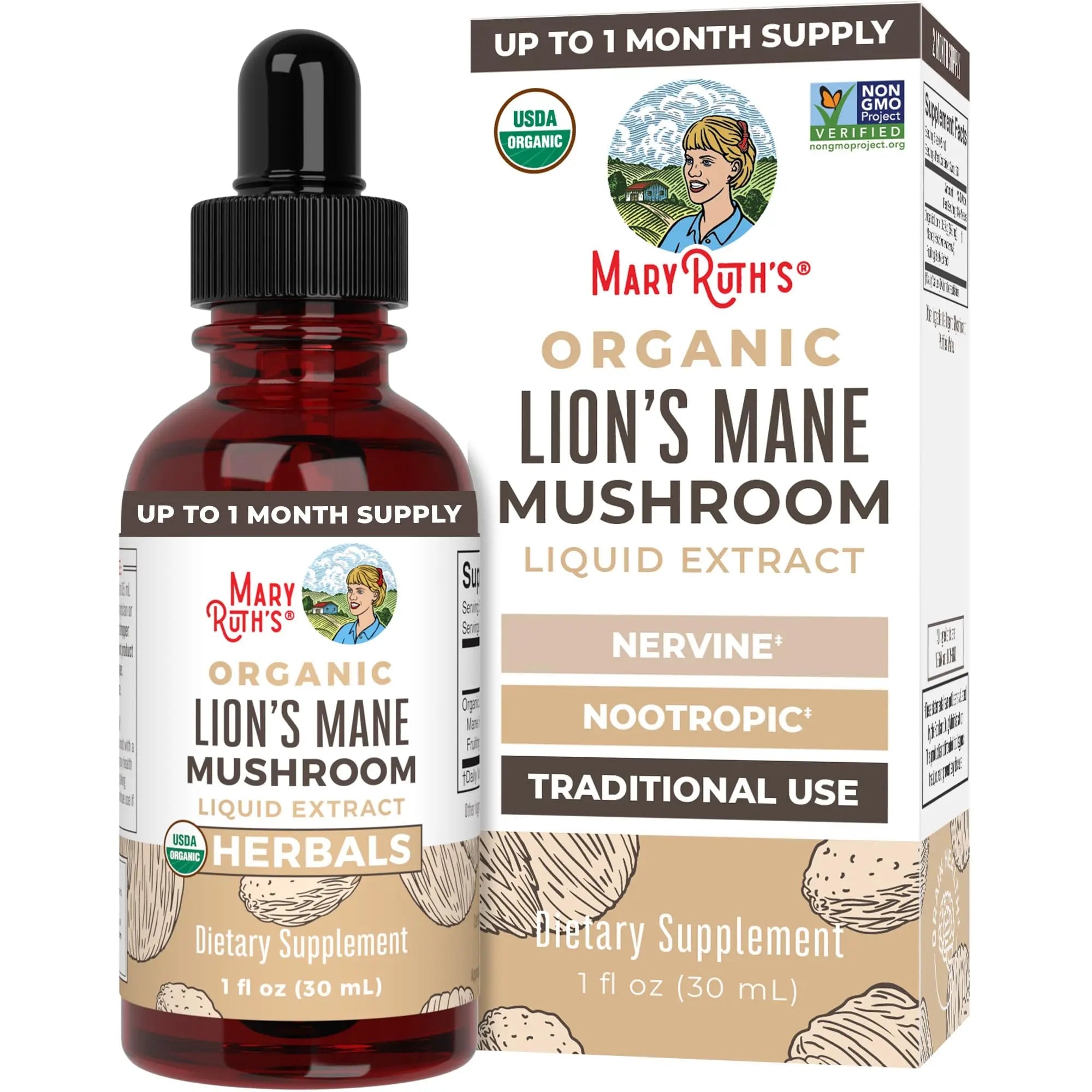 MaryRuth Organics Lions Mane Mushroom Supplement, Up to 1 Month Supply, Nootropic USDA Organic Lions Mane Extract Nervine Herbal Liquid Drops, Brain Health Non-GMO - TrustMedUSA