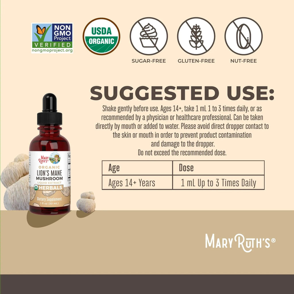 MaryRuth Organics Lions Mane Mushroom Supplement, Up to 1 Month Supply, Nootropic USDA Organic Lions Mane Extract Nervine Herbal Liquid Drops, Brain Health Non-GMO - TrustMedUSA