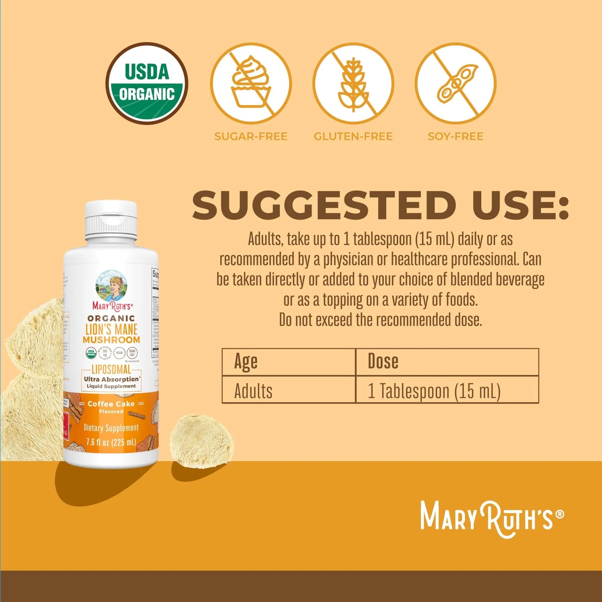 MaryRuth Organics Lions Mane Supplement | Ultra Absorption Liposomal | Full Spectrum Lion's Mane Mushroom | 200mg Beta-Glucans Per Serving | USDA Organic | Vegan | 7.6 oz | 15 Servings - TrustMedUSA