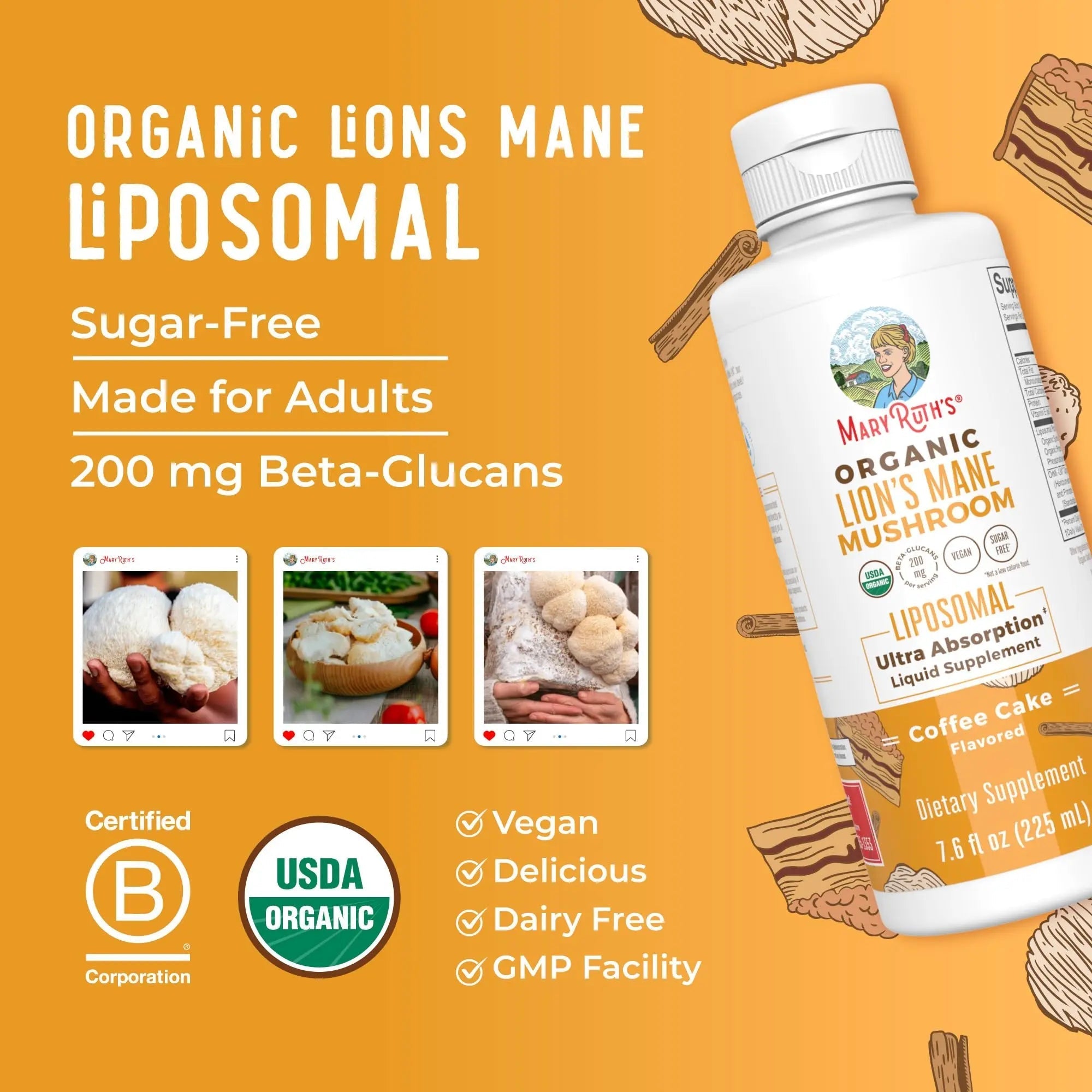 MaryRuth Organics Lions Mane Supplement | Ultra Absorption Liposomal | Full Spectrum Lion's Mane Mushroom | 200mg Beta-Glucans Per Serving | USDA Organic | Vegan | 7.6 oz | 15 Servings - TrustMedUSA