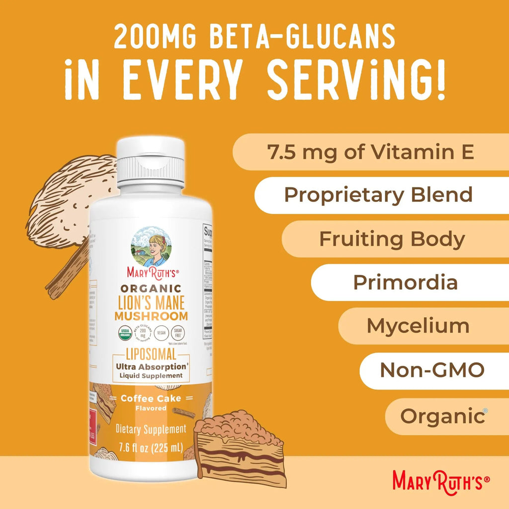 MaryRuth Organics Lions Mane Supplement | Ultra Absorption Liposomal | Full Spectrum Lion's Mane Mushroom | 200mg Beta-Glucans Per Serving | USDA Organic | Vegan | 7.6 oz | 15 Servings - TrustMedUSA