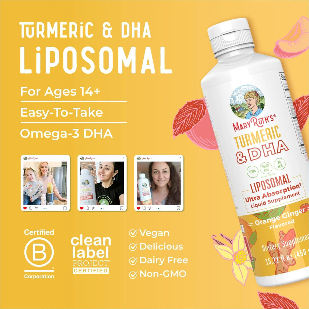 MaryRuth Organics | Liposomal Turmeric & DHA | Curcumin | Ginger Root Oil | Algal DHA & Vitamin E | Cognitive Function | Mood Support | Joint Health | Liquid Supplement | 15.22 oz - TrustMedUSA
