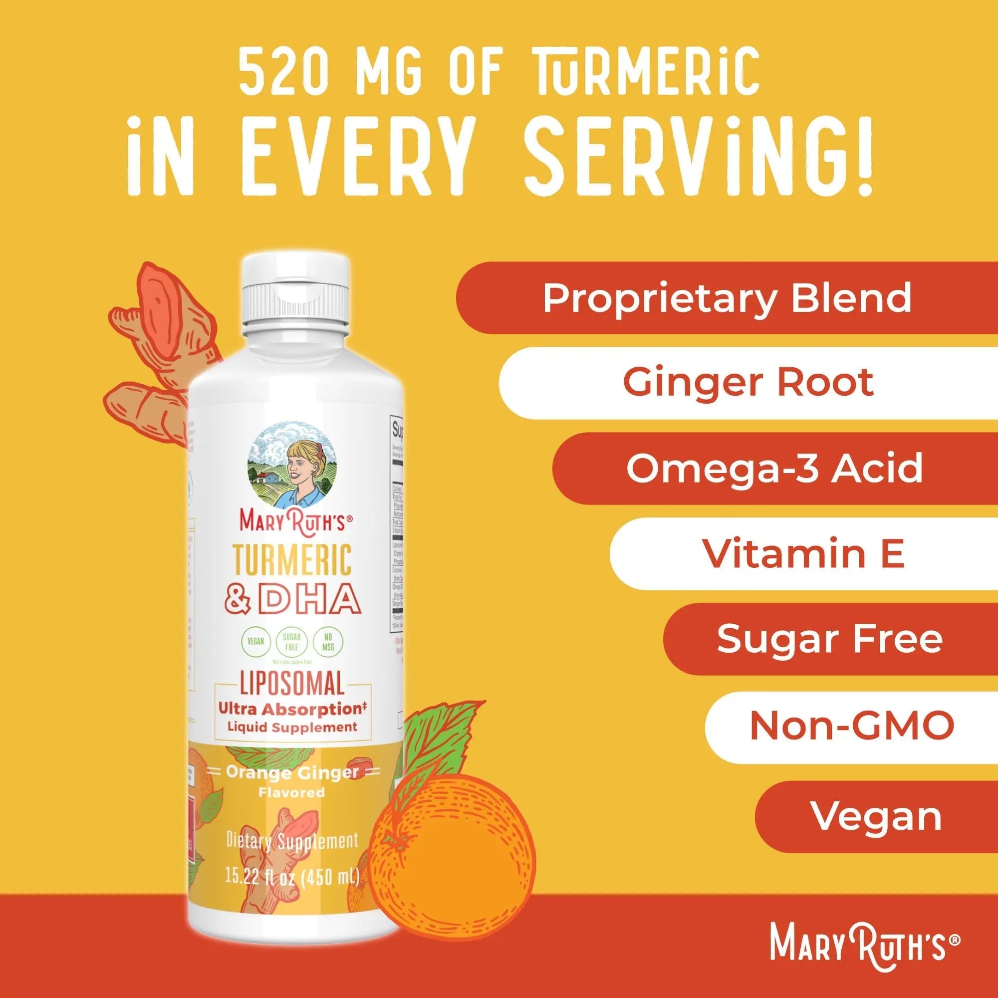 MaryRuth Organics | Liposomal Turmeric & DHA | Curcumin | Ginger Root Oil | Algal DHA & Vitamin E | Cognitive Function | Mood Support | Joint Health | Liquid Supplement | 15.22 oz - TrustMedUSA