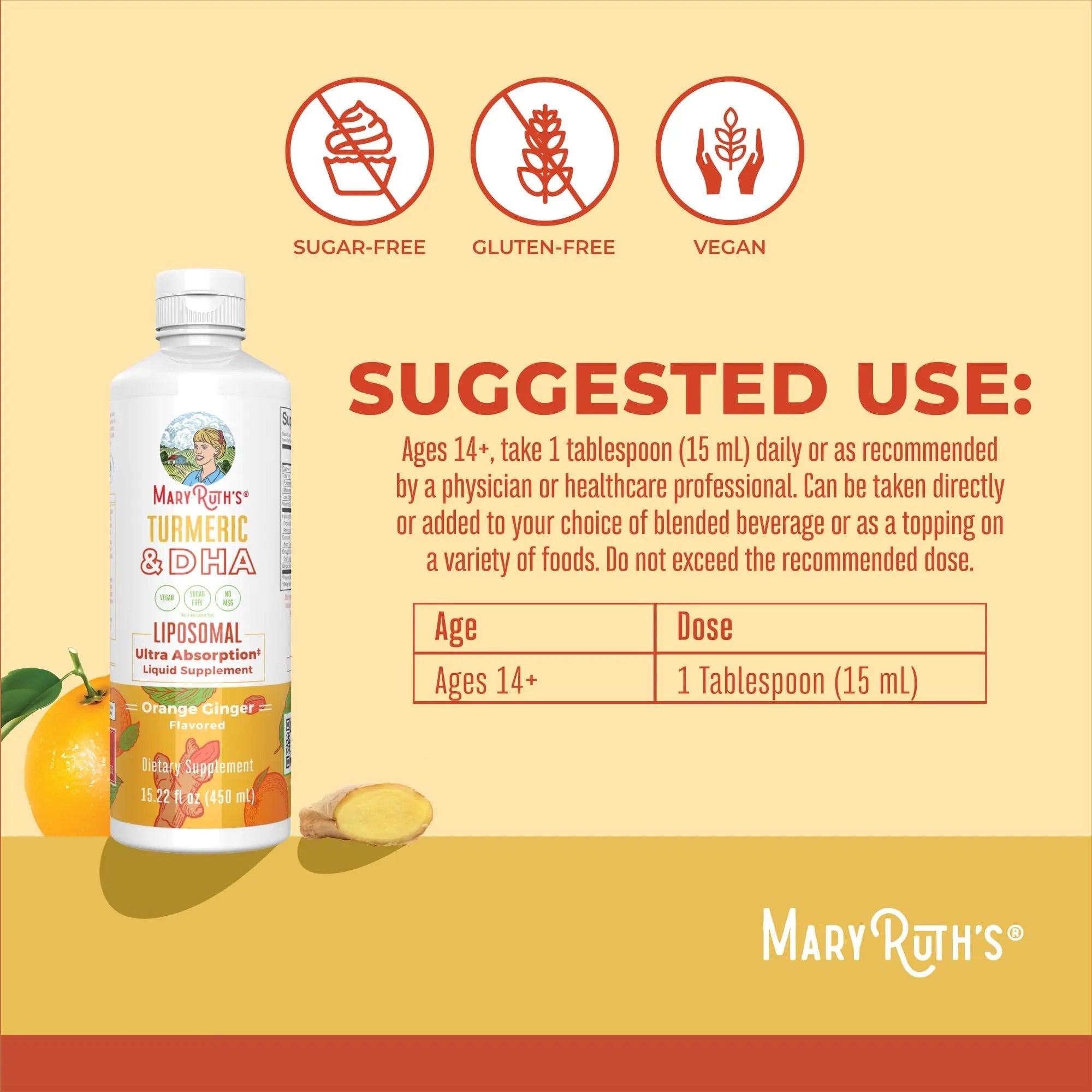 MaryRuth Organics | Liposomal Turmeric & DHA | Curcumin | Ginger Root Oil | Algal DHA & Vitamin E | Cognitive Function | Mood Support | Joint Health | Liquid Supplement | 15.22 oz - TrustMedUSA