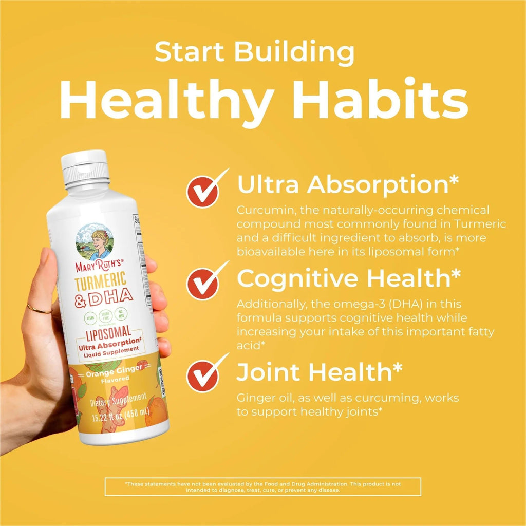 MaryRuth Organics | Liposomal Turmeric & DHA | Curcumin | Ginger Root Oil | Algal DHA & Vitamin E | Cognitive Function | Mood Support | Joint Health | Liquid Supplement | 15.22 oz - TrustMedUSA