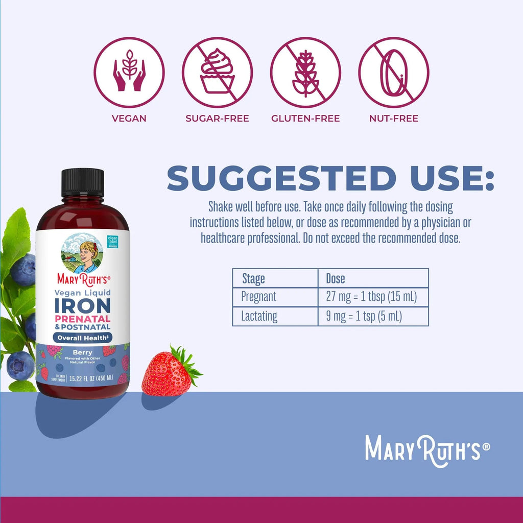 MaryRuth Organics | Liquid Iron Supplement Prenatal & Postnatal for Pregnant & Lactating | Iron Deficiency | Immune Support | Sugar/Gluten Free | Vegan | Non-GMO | 15.22 Fl Oz - TrustMedUSA