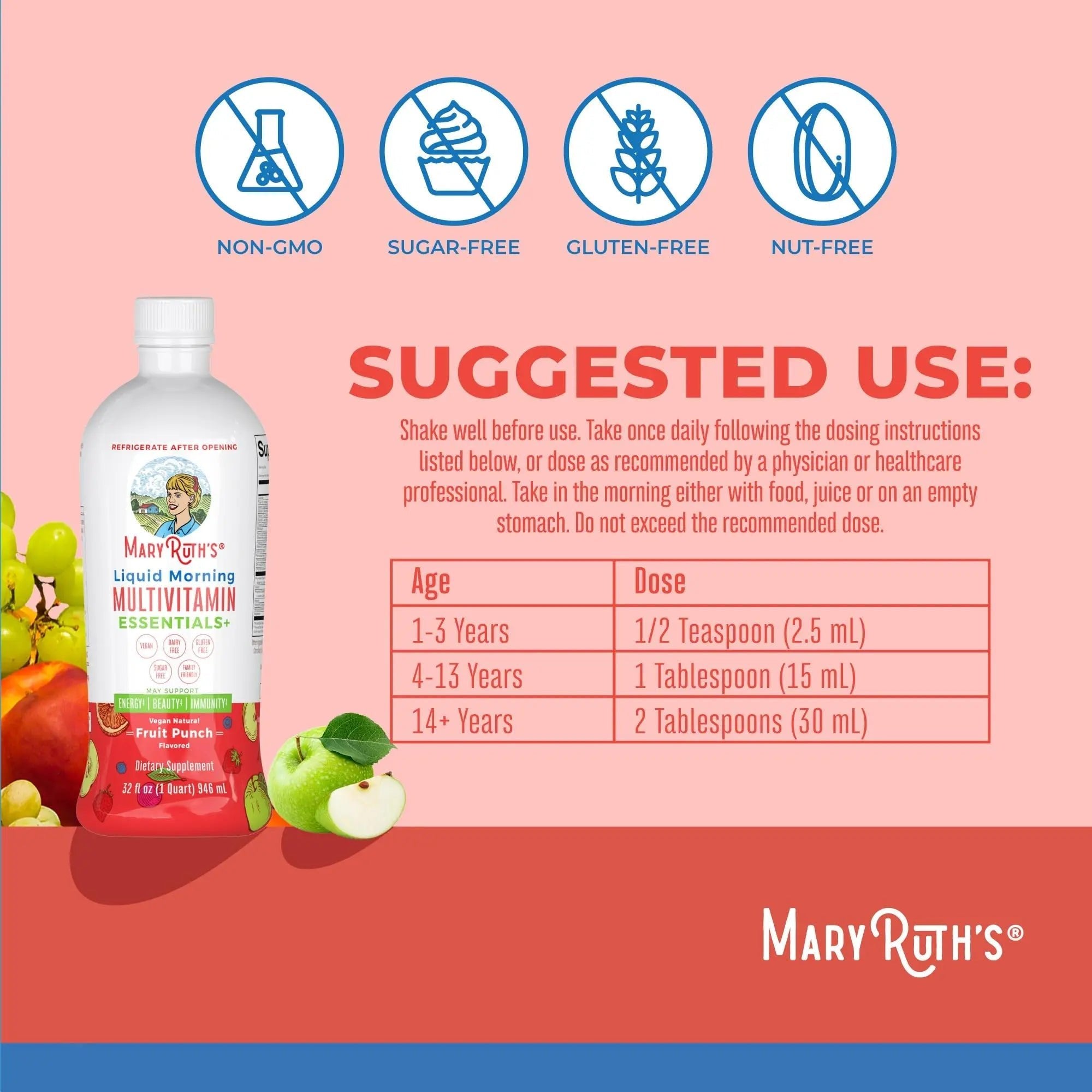 MaryRuth Organics Liquid Morning Multivitamin Essentials+ | Vitamin A C D E B6 B12 Biotin Zinc, Mens Womens Multivitamin, Immune Support, Beauty | Sugar Free | Vitamins for Ages 1+ | Vegan | 32 Fl Oz - TrustMedUSA