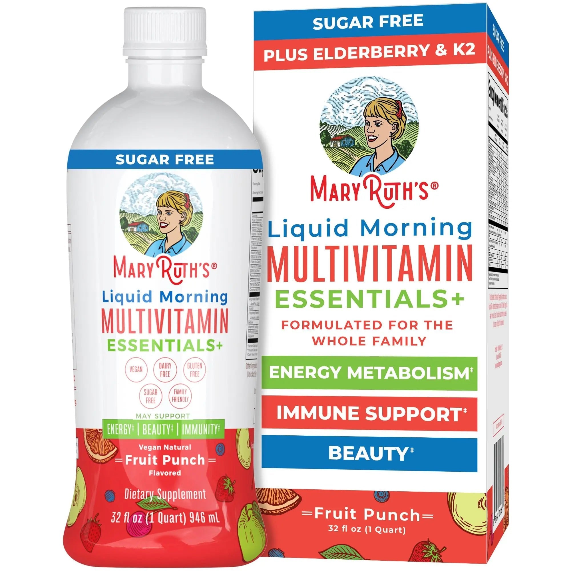 MaryRuth Organics Liquid Morning Multivitamin Essentials+ | Vitamin A C D E B6 B12 Biotin Zinc, Mens Womens Multivitamin, Immune Support, Beauty | Sugar Free | Vitamins for Ages 1+ | Vegan | 32 Fl Oz - TrustMedUSA