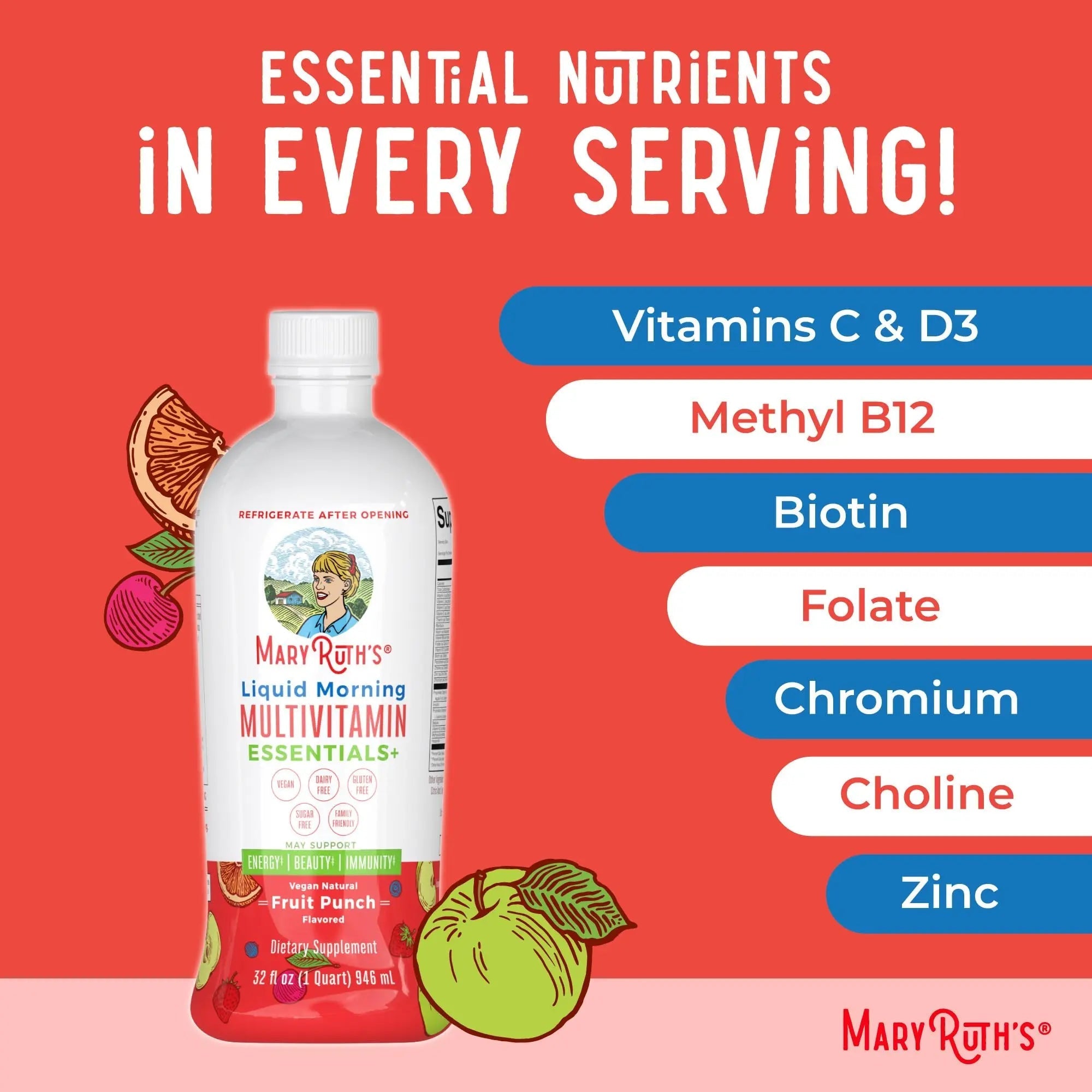 MaryRuth Organics Liquid Morning Multivitamin Essentials+ | Vitamin A C D E B6 B12 Biotin Zinc, Mens Womens Multivitamin, Immune Support, Beauty | Sugar Free | Vitamins for Ages 1+ | Vegan | 32 Fl Oz - TrustMedUSA