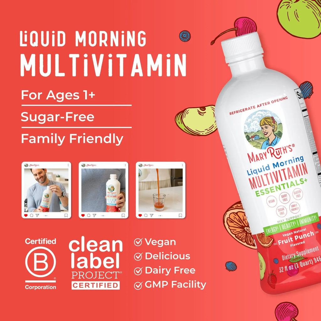 MaryRuth Organics Liquid Morning Multivitamin Essentials+ | Vitamin A C D E B6 B12 Biotin Zinc, Mens Womens Multivitamin, Immune Support, Beauty | Sugar Free | Vitamins for Ages 1+ | Vegan | 32 Fl Oz - TrustMedUSA