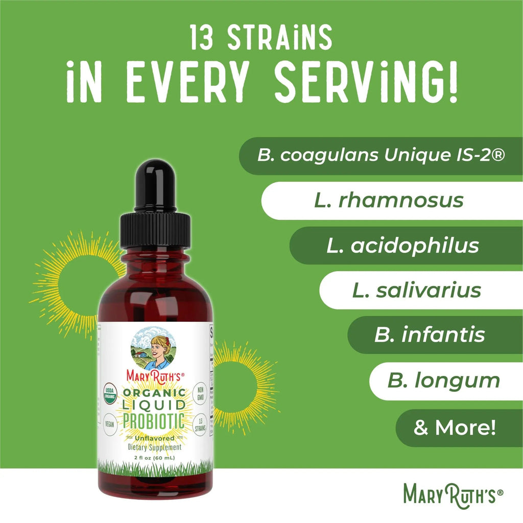 MaryRuth Organics Liquid Probiotic for Ages 4+ | 2 Billion CFU | 13 Probiotic Strains | Gut Health & Digestive Support | Gas & Bloating Support | Vegan | Gluten Free | Travel-Friendly | 20 Servings - TrustMedUSA