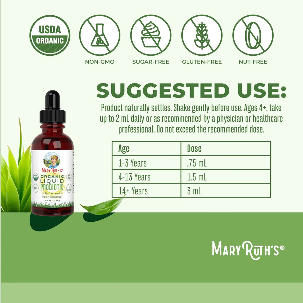 MaryRuth Organics Liquid Probiotic for Ages 4+ | 2 Billion CFU | 13 Probiotic Strains | Gut Health & Digestive Support | Gas & Bloating Support | Vegan | Gluten Free | Travel-Friendly | 20 Servings - TrustMedUSA