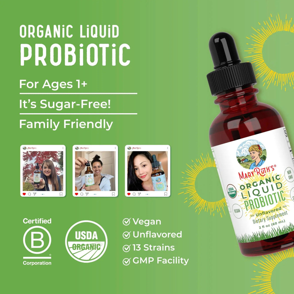 MaryRuth Organics Liquid Probiotic for Ages 4+ | 2 Billion CFU | 13 Probiotic Strains | Gut Health & Digestive Support | Gas & Bloating Support | Vegan | Gluten Free | Travel-Friendly | 20 Servings - TrustMedUSA