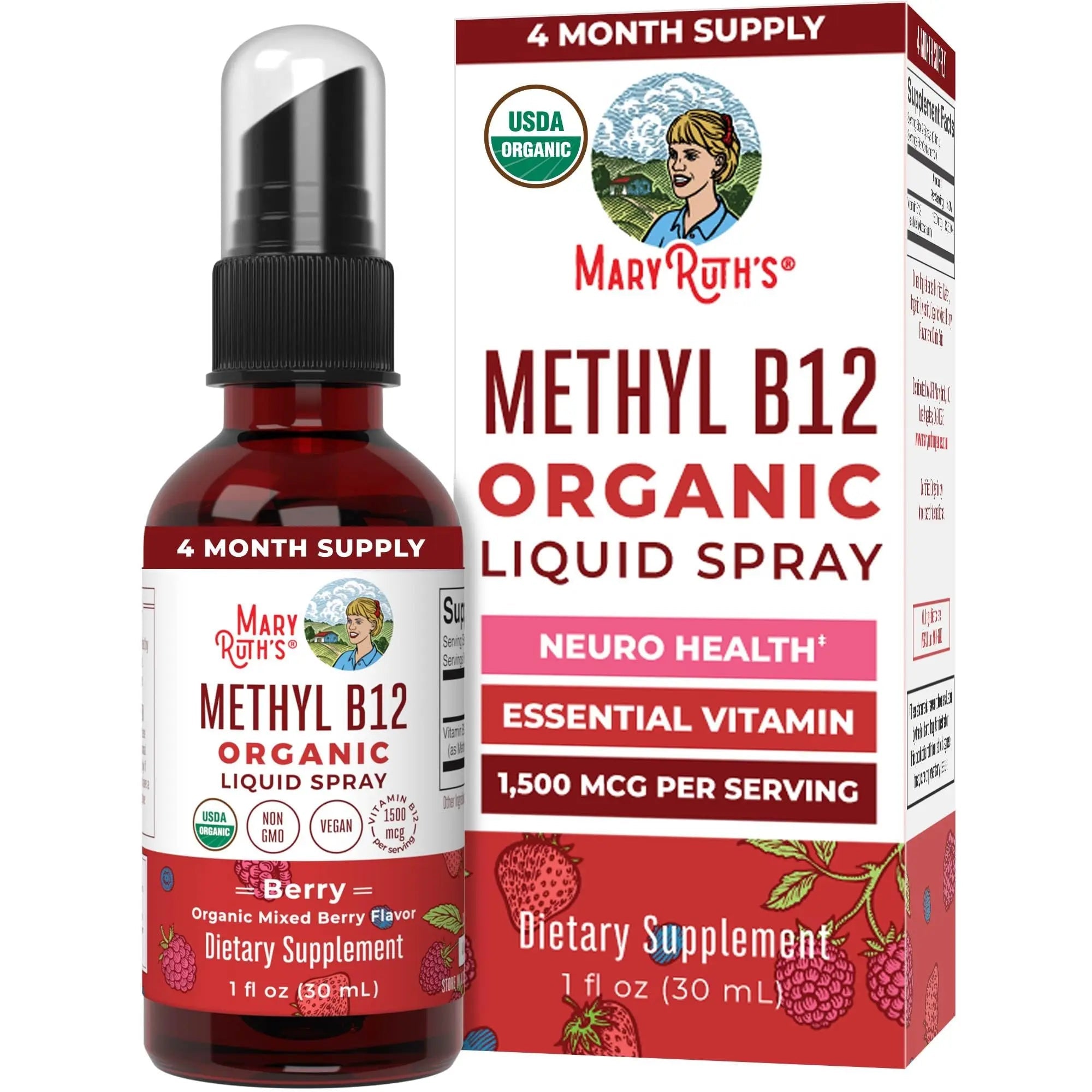 MaryRuth Organics Methyl B12 Spray | 1,500 mcg B12 Per Serving | Methylcobalamin | Energy Metabolism | Nervous System Support | Neuro Health | Vegan | Gluten Free | Sugar Free | 1 Fl Oz - TrustMedUSA