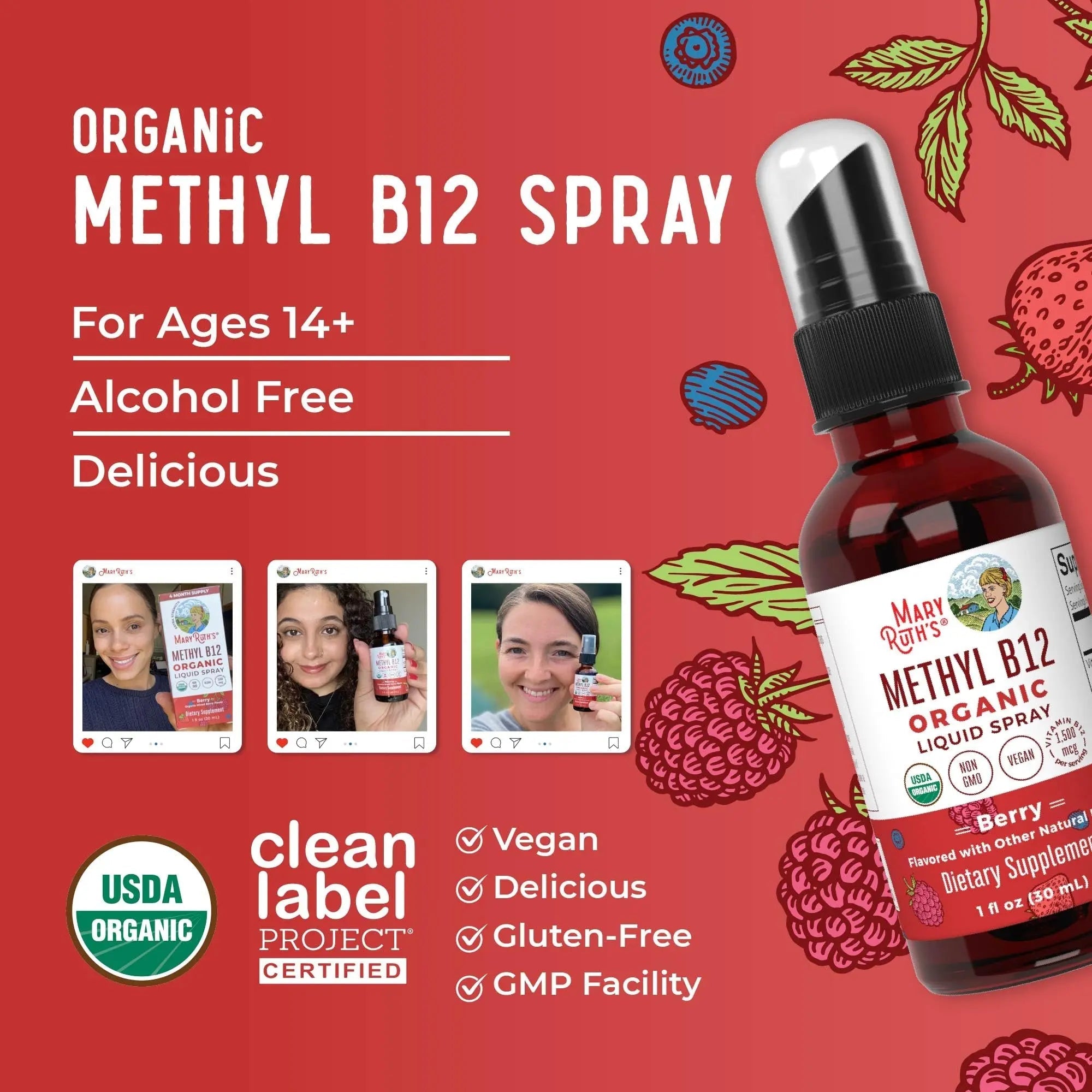 MaryRuth Organics Methyl B12 Spray | 1,500 mcg B12 Per Serving | Methylcobalamin | Energy Metabolism | Nervous System Support | Neuro Health | Vegan | Gluten Free | Sugar Free | 1 Fl Oz - TrustMedUSA