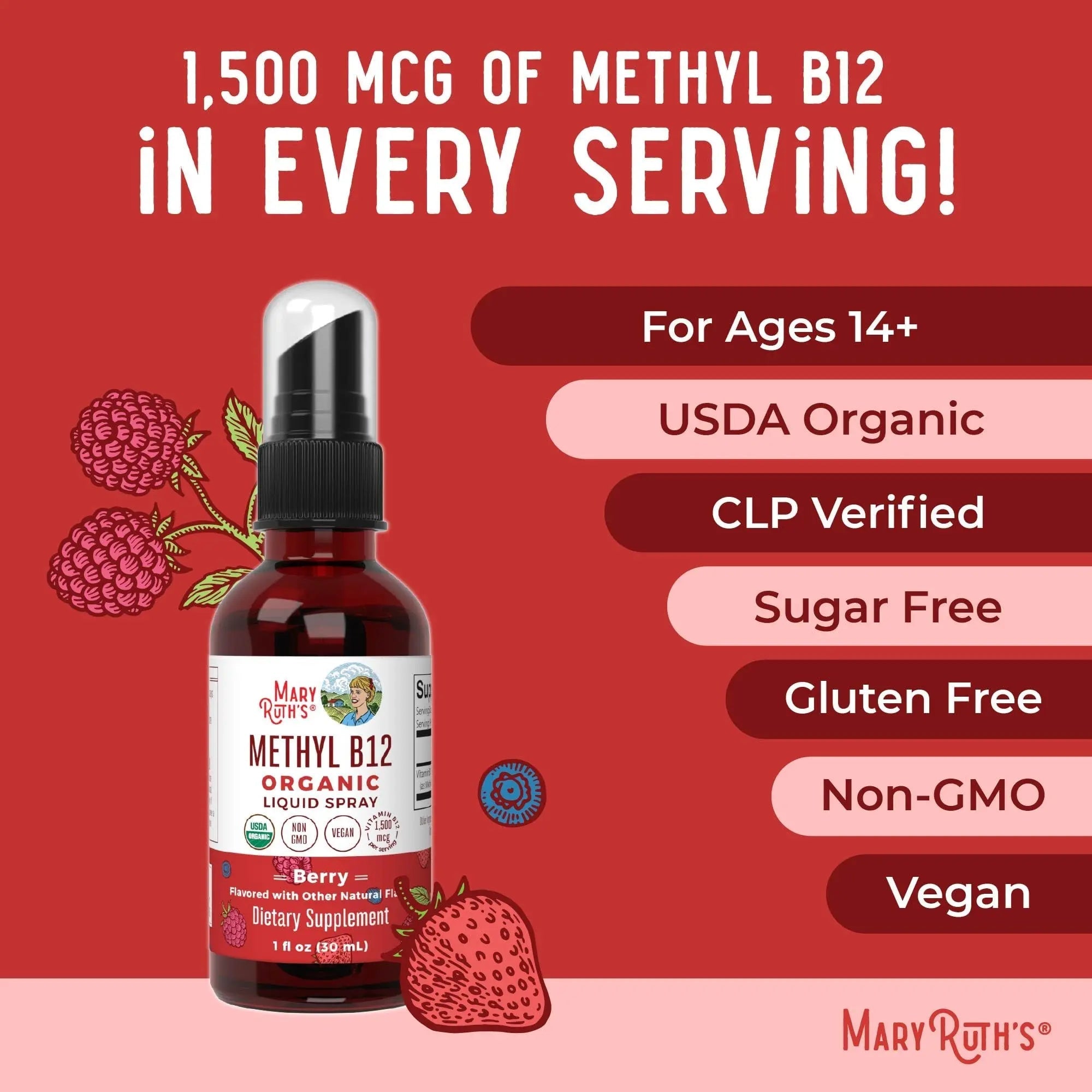 MaryRuth Organics Methyl B12 Spray | 1,500 mcg B12 Per Serving | Methylcobalamin | Energy Metabolism | Nervous System Support | Neuro Health | Vegan | Gluten Free | Sugar Free | 1 Fl Oz - TrustMedUSA