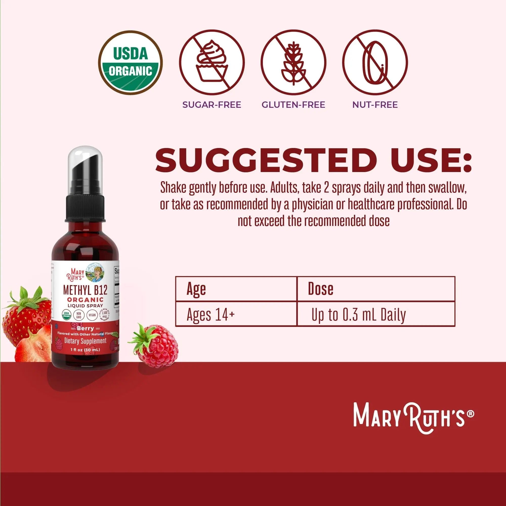 MaryRuth Organics Methyl B12 Spray | 1,500 mcg B12 Per Serving | Methylcobalamin | Energy Metabolism | Nervous System Support | Neuro Health | Vegan | Gluten Free | Sugar Free | 1 Fl Oz - TrustMedUSA