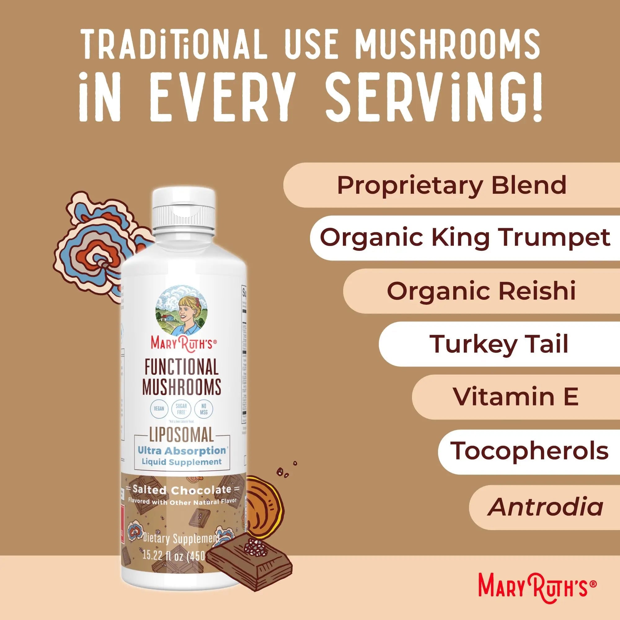MaryRuth Organics Mushroom, Mushroom Supplement, Mushroom Liquid Vitamin, Reishi Mushroom Supplement for Immune Support, Turkey Tail Vitamin for Stress Relief, Vegan, Non-GMO, Gluten Free, 15.22 Fl Oz - TrustMedUSA