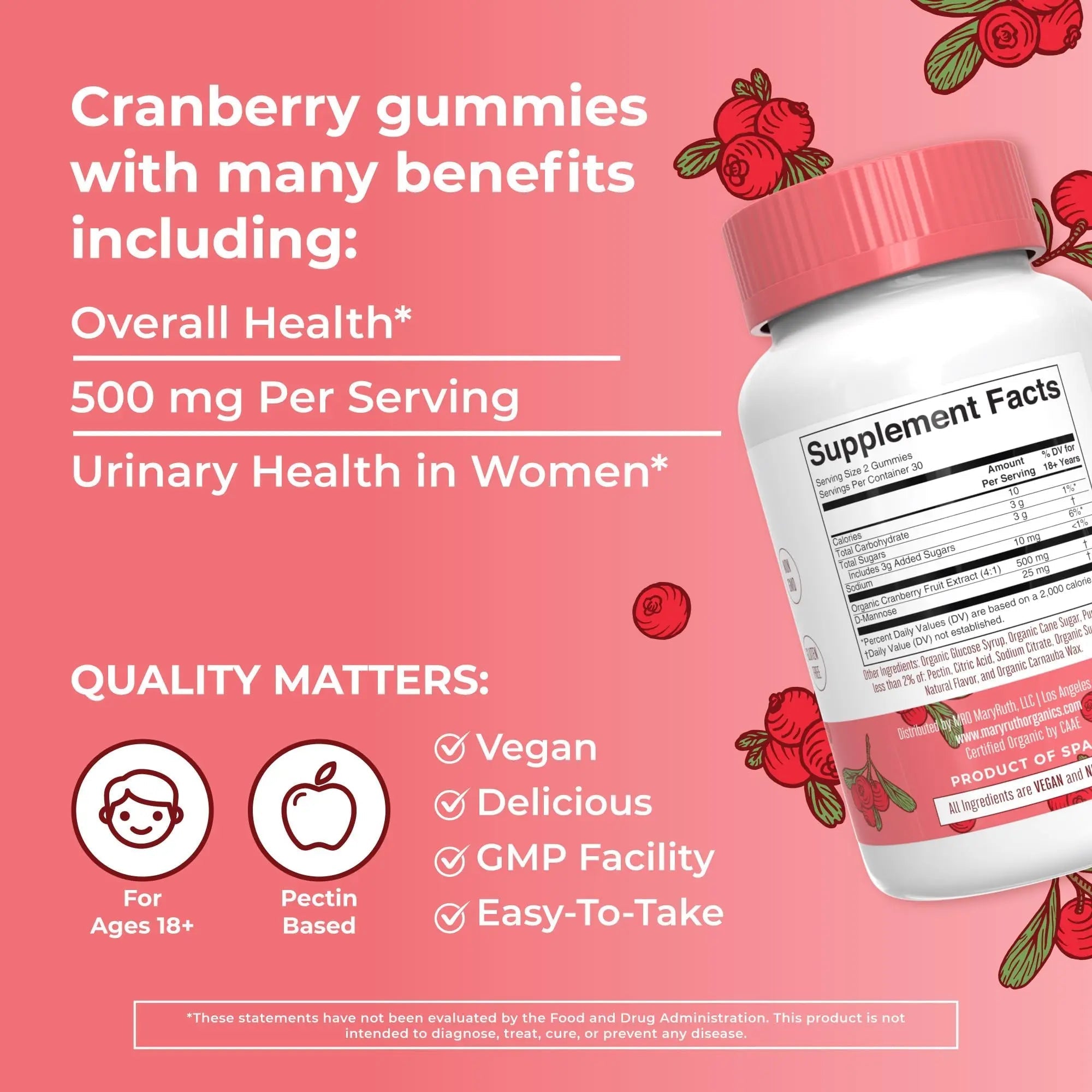 MaryRuth Organics Organic Cranberry Gummies - 500mg Supplement | Urinary Tract Health for Women | with D Mannose | Traditional Use - TrustMedUSA