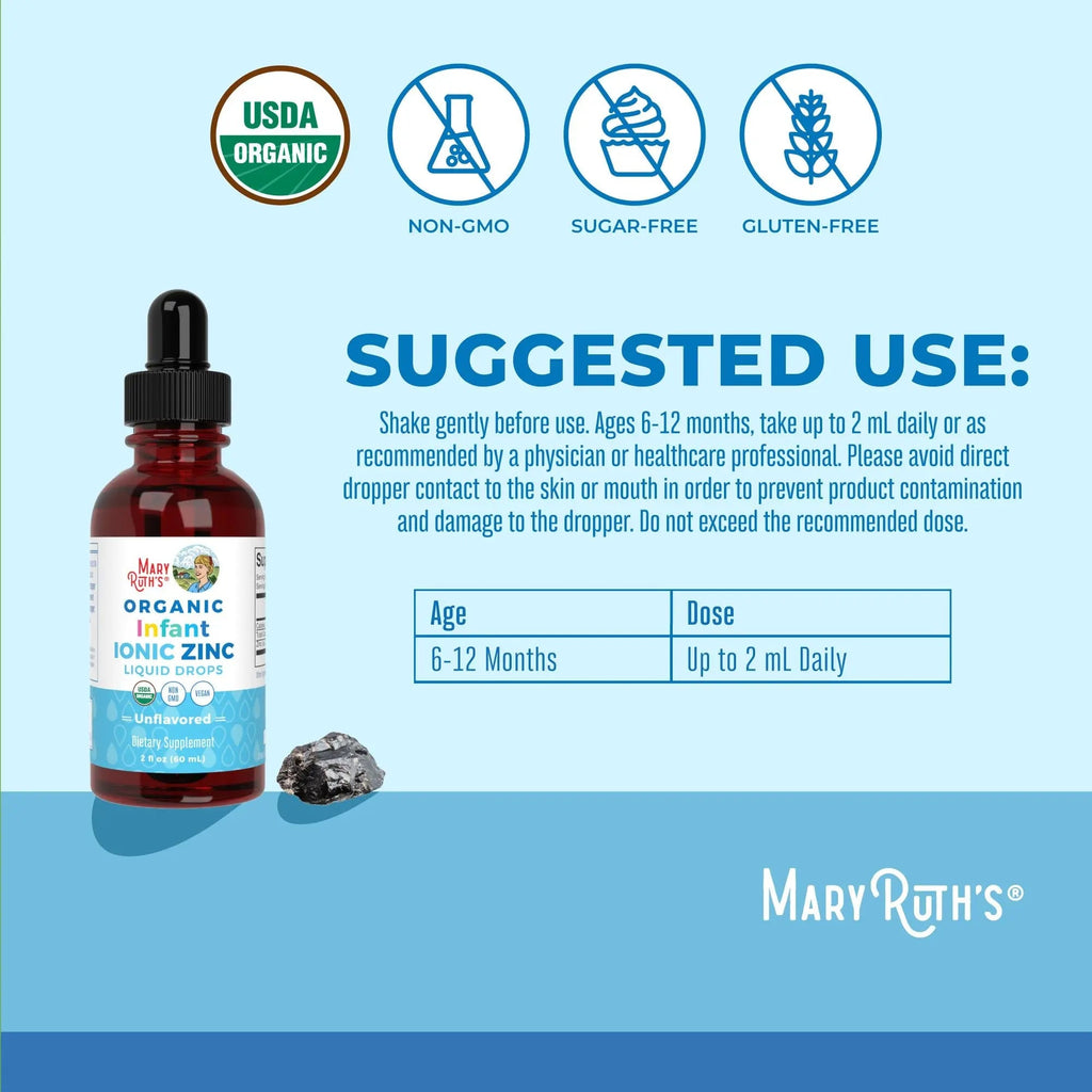 MaryRuth Organics Organic Infant Ionic Zinc Liquid Drops | Zinc Sulfate for Immune Support | Organic Glycerin | Antioxidant | Vegan | Formulated for Babies Ages 6-12 Months | 1 Month Supply | 2 Fl Oz - TrustMedUSA